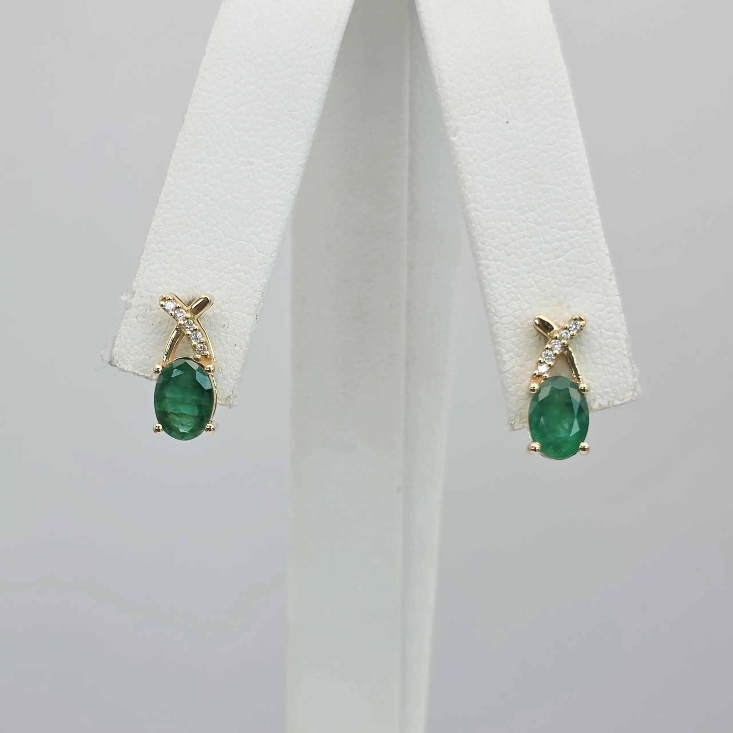 14K Gold Oval Shape Natural Emerald Stud Earrings with Diamond Accents