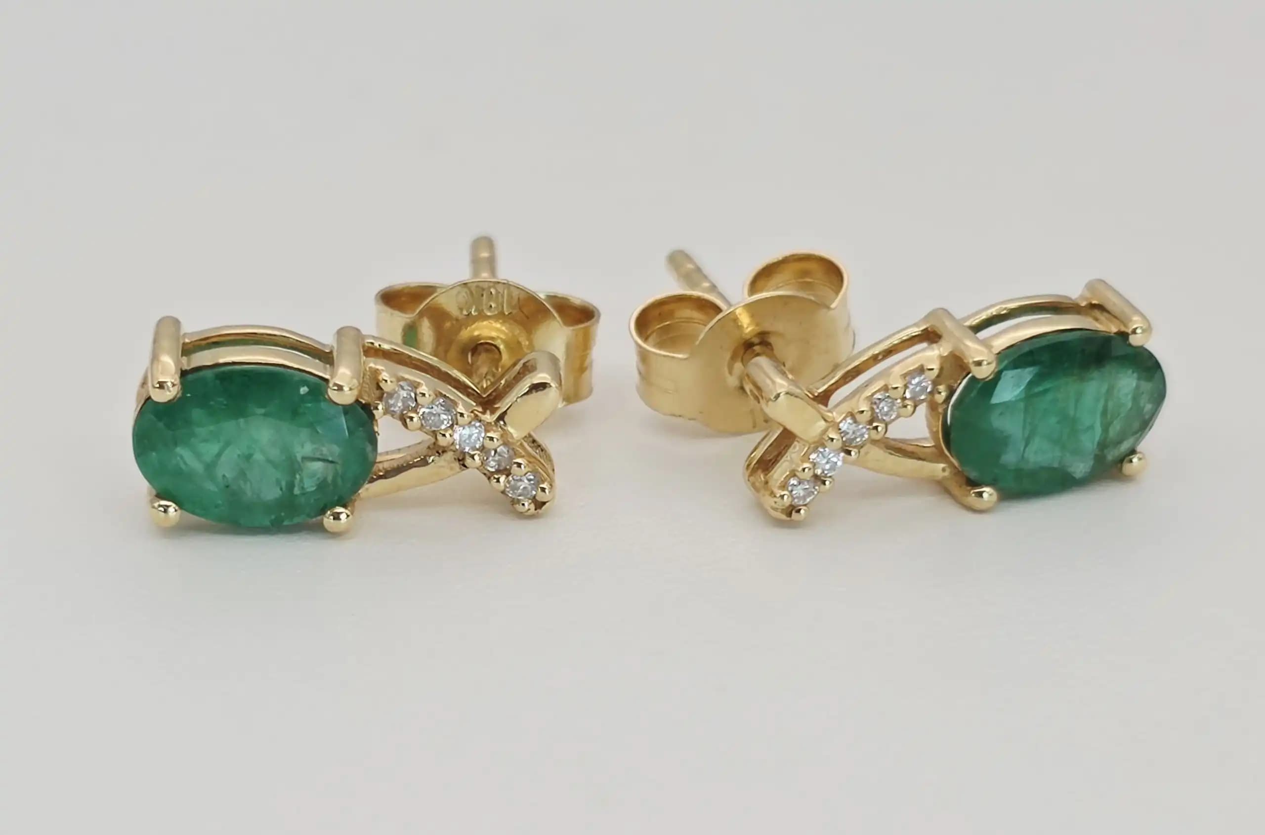 14K Gold Oval Shape Natural Emerald Stud Earrings with Diamond Accents