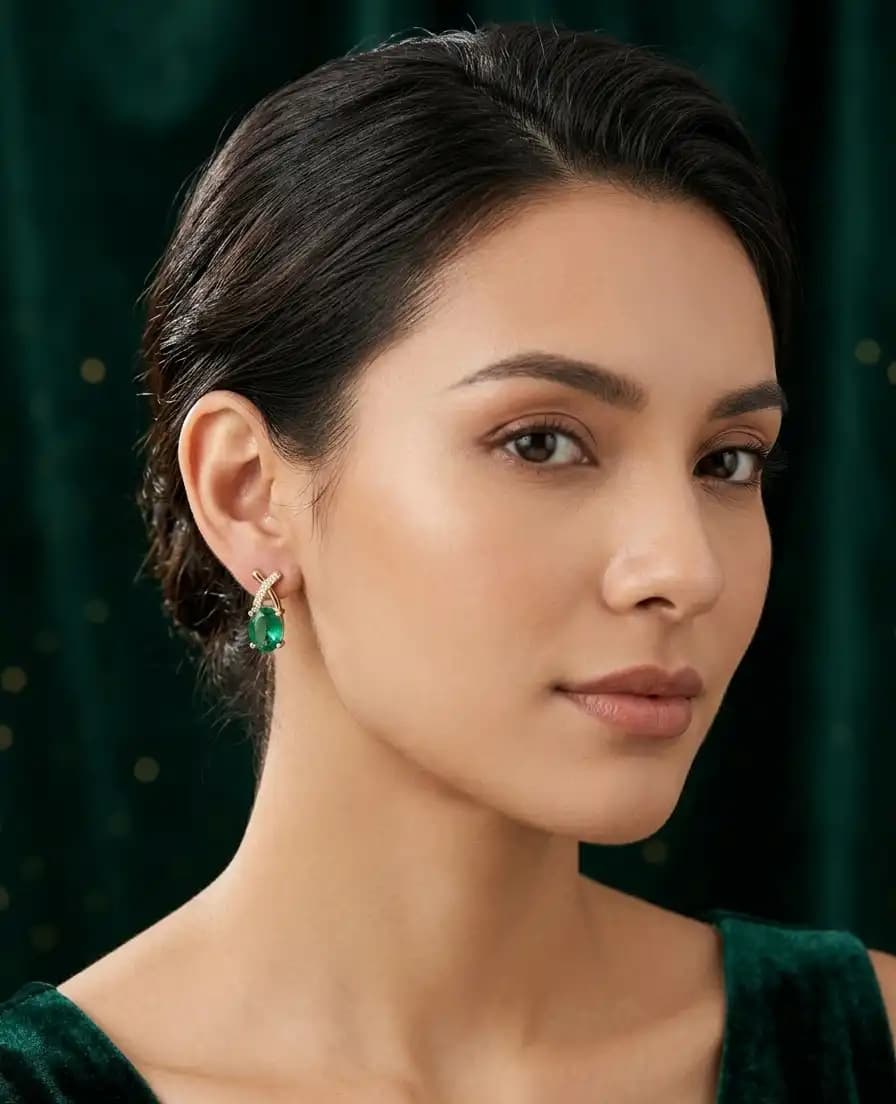 14K Gold Oval Shape Natural Emerald Stud Earrings with Diamond Accents