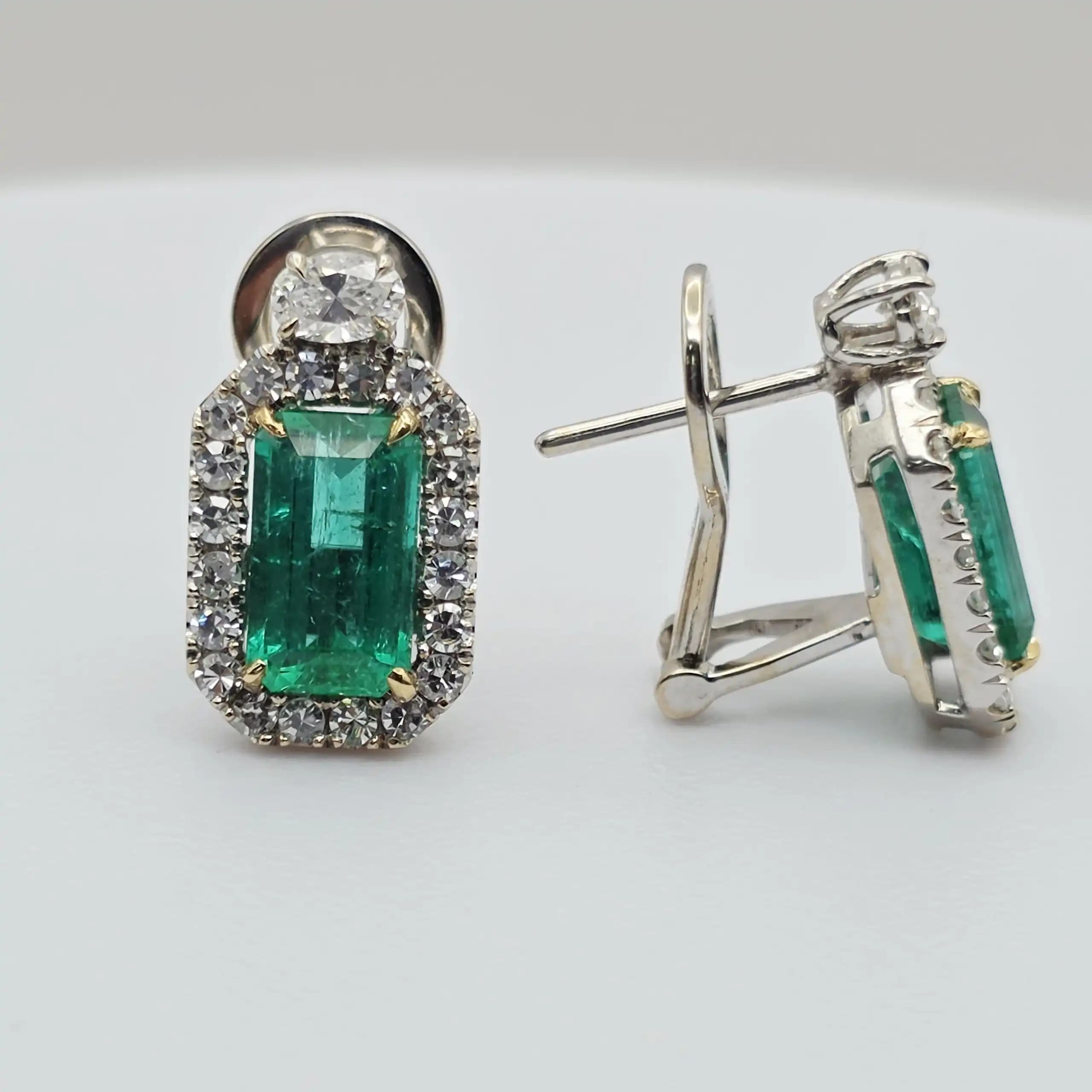 5.00 cts emerald cut natural emerald and diamond halo earrings in 18K white gold