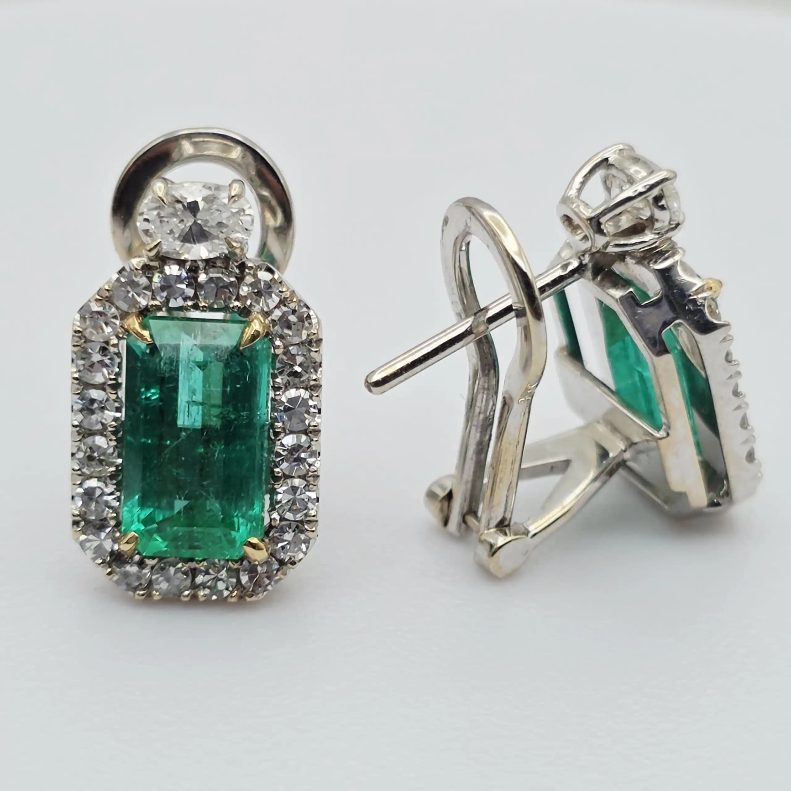 5.00 cts emerald cut natural emerald and diamond halo earrings in 18K white gold