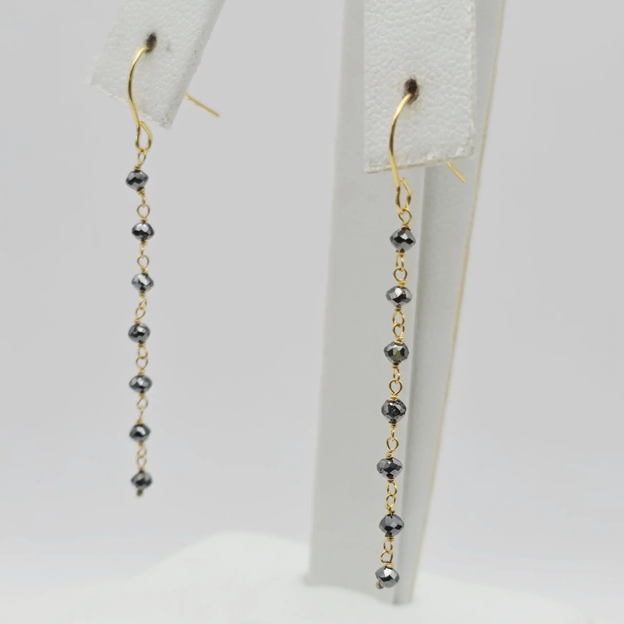 1.30 cts faceted natural black diamond bead drop earrings in 14K yellow gold