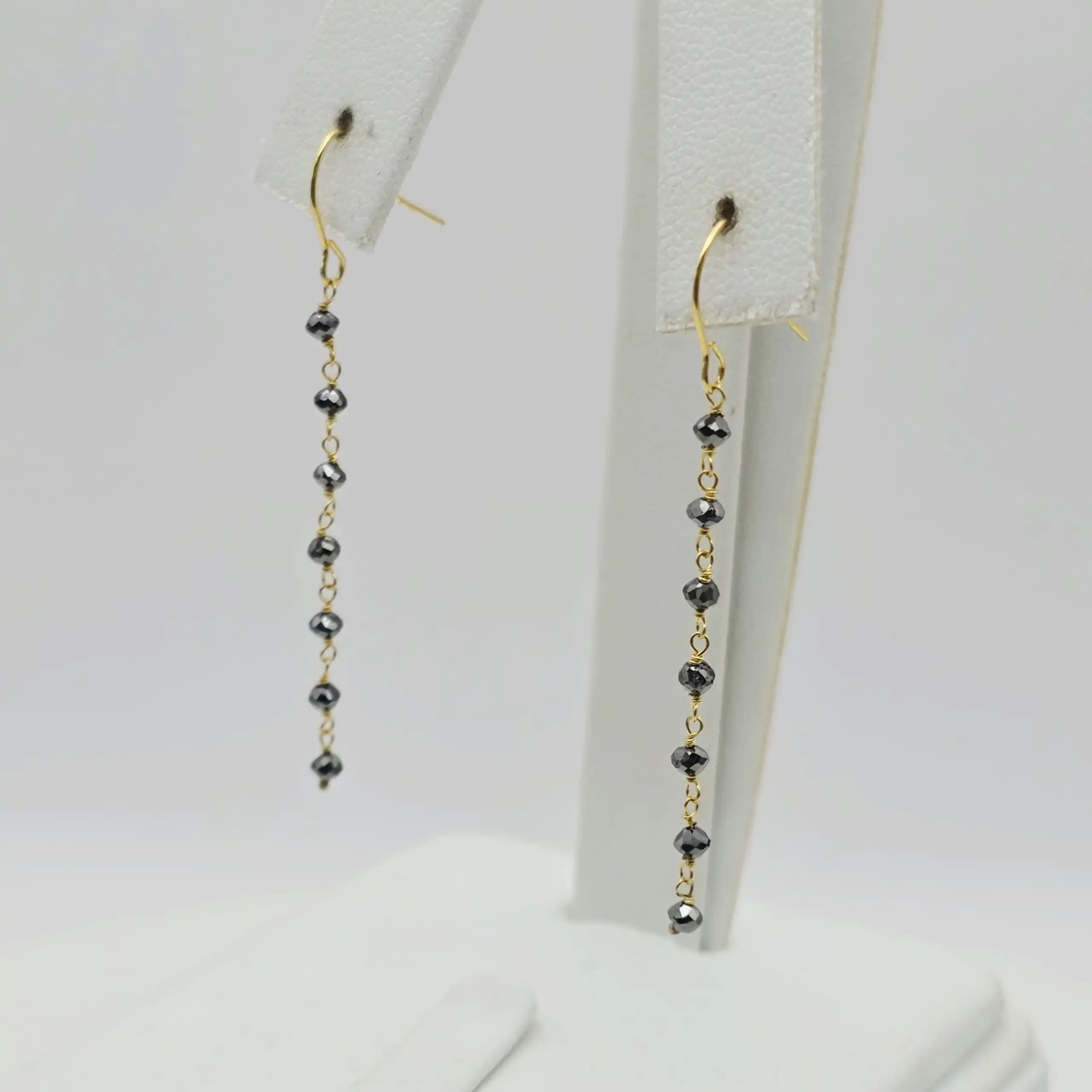 1.30 cts faceted natural black diamond bead drop earrings in 14K yellow gold