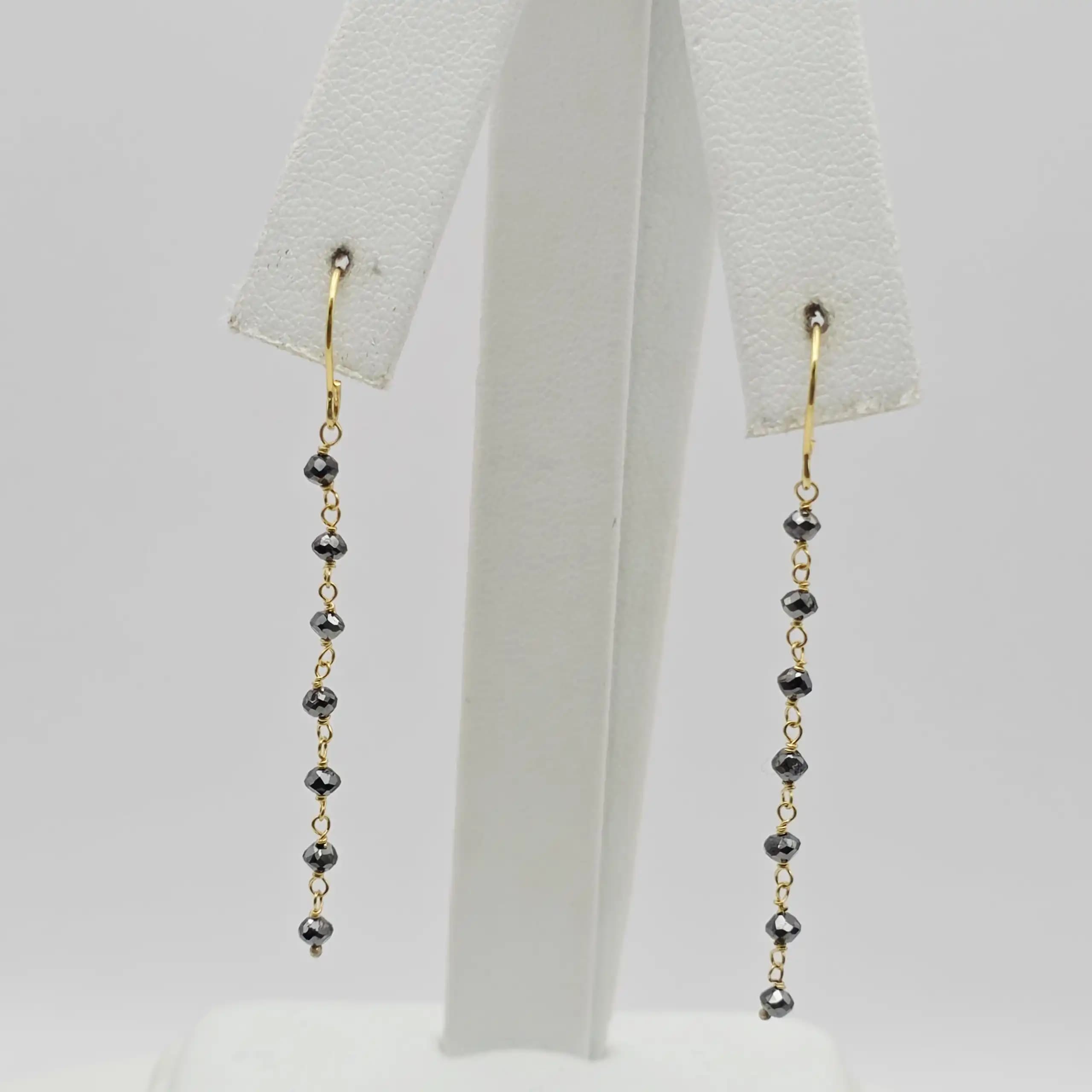 1.30 cts faceted natural black diamond bead drop earrings in 14K yellow gold