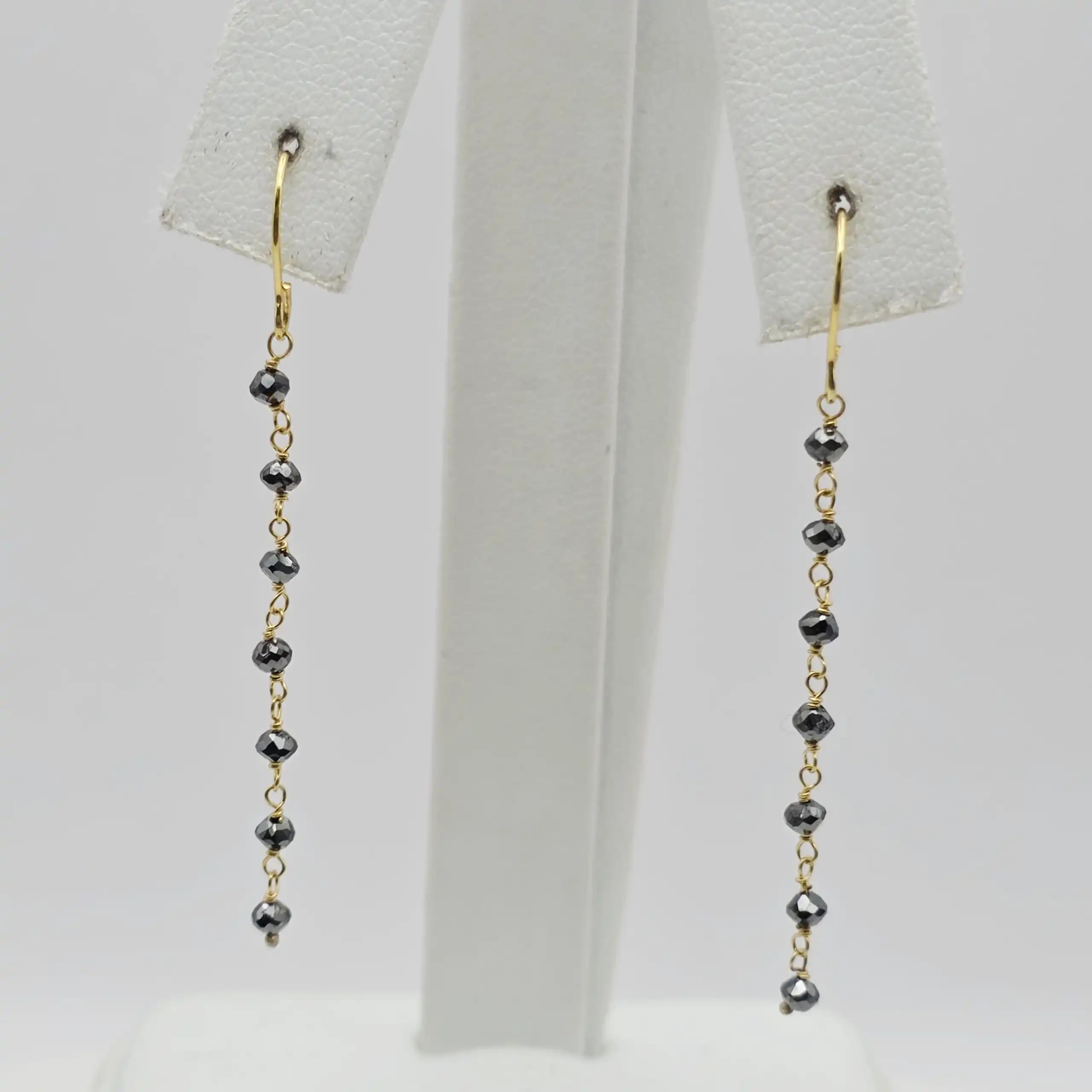 1.30 cts faceted natural black diamond bead drop earrings in 14K yellow gold