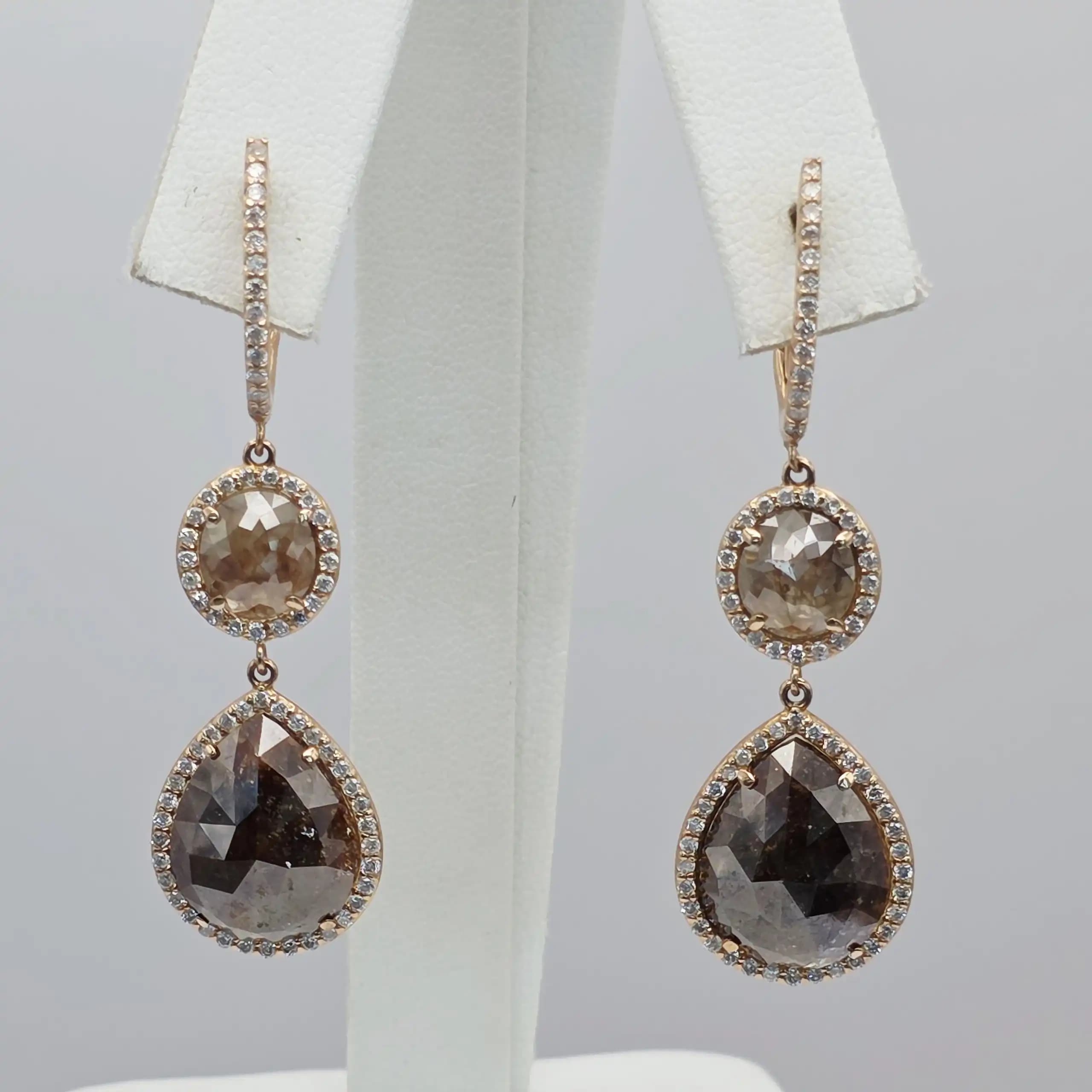 15.02 cts natural diamond slice double drop earrings in 14K rose gold