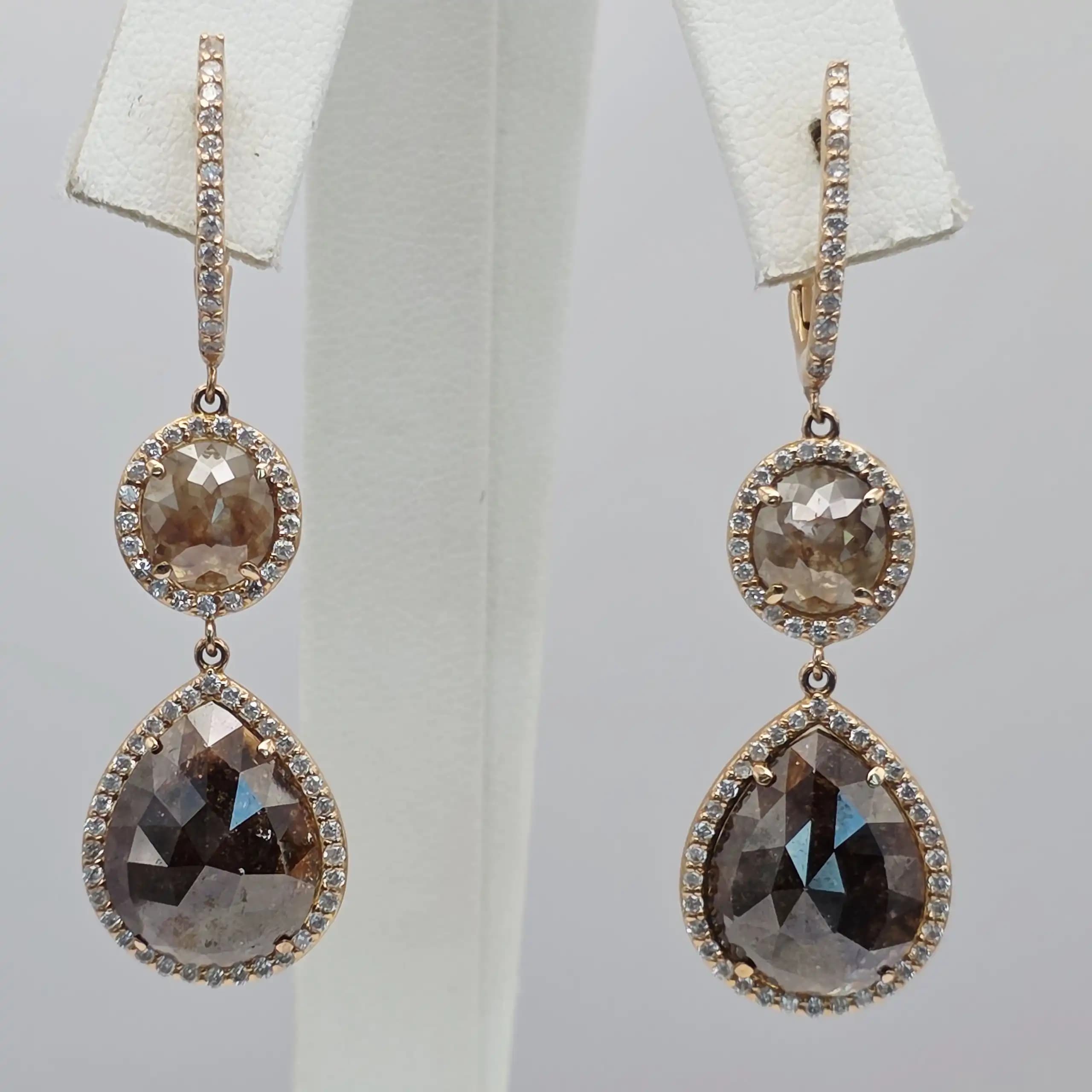 15.02 cts natural diamond slice double drop earrings in 14K rose gold