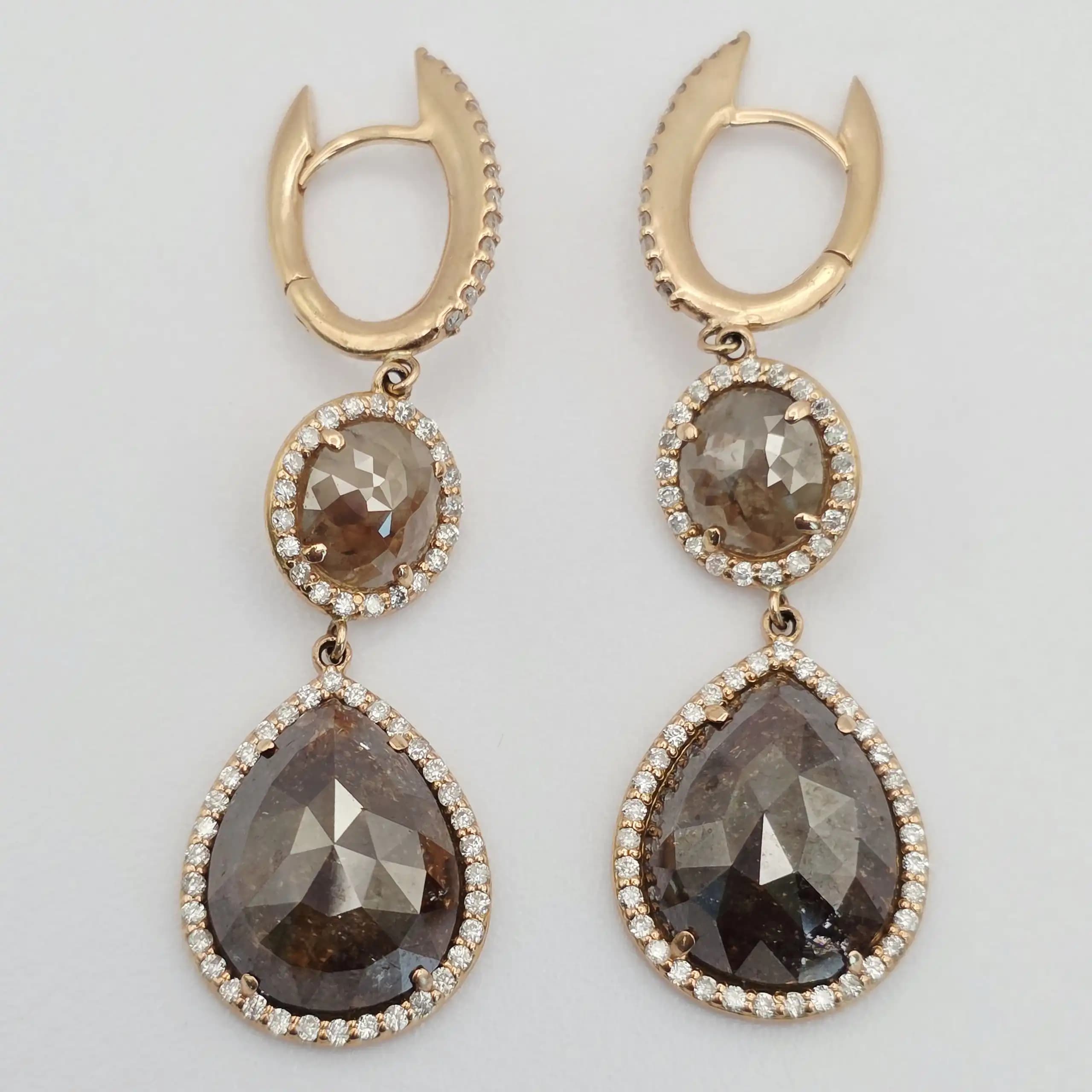 15.02 cts natural diamond slice double drop earrings in 14K rose gold