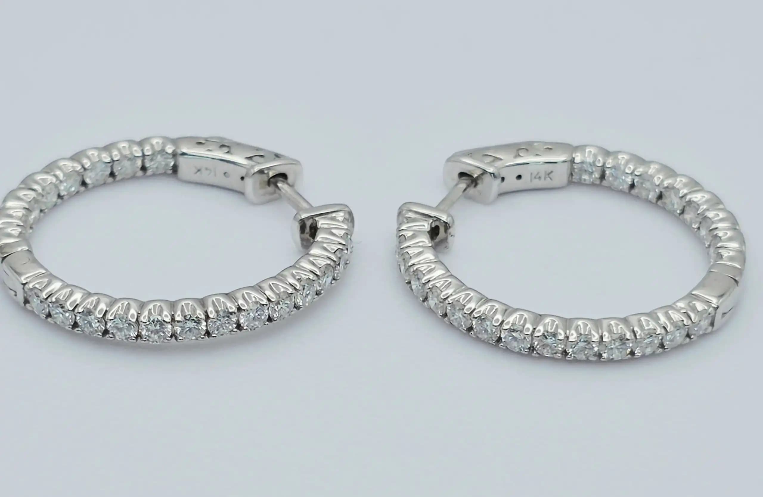 1.50 cts round natural diamond inside out hoop earrings in 14K white gold