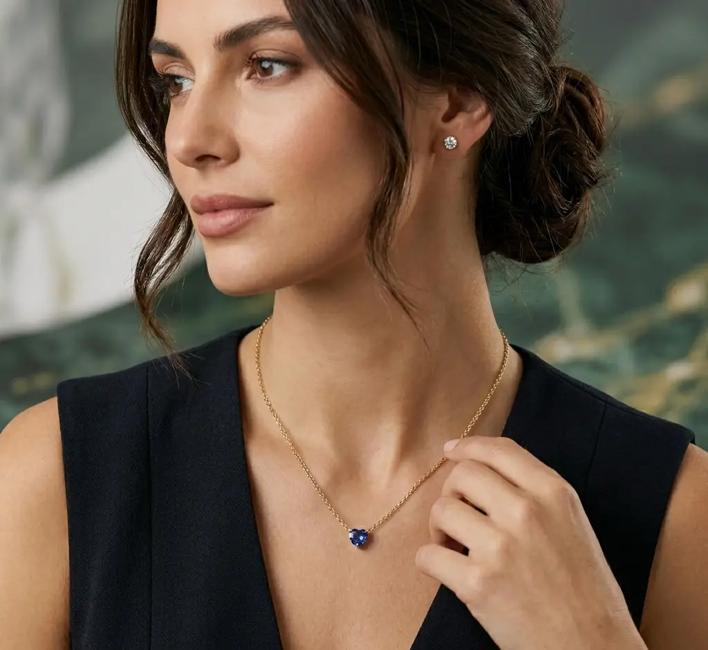 0.91 cts heart shape natural blue sapphire solitaire necklace in 14K gold