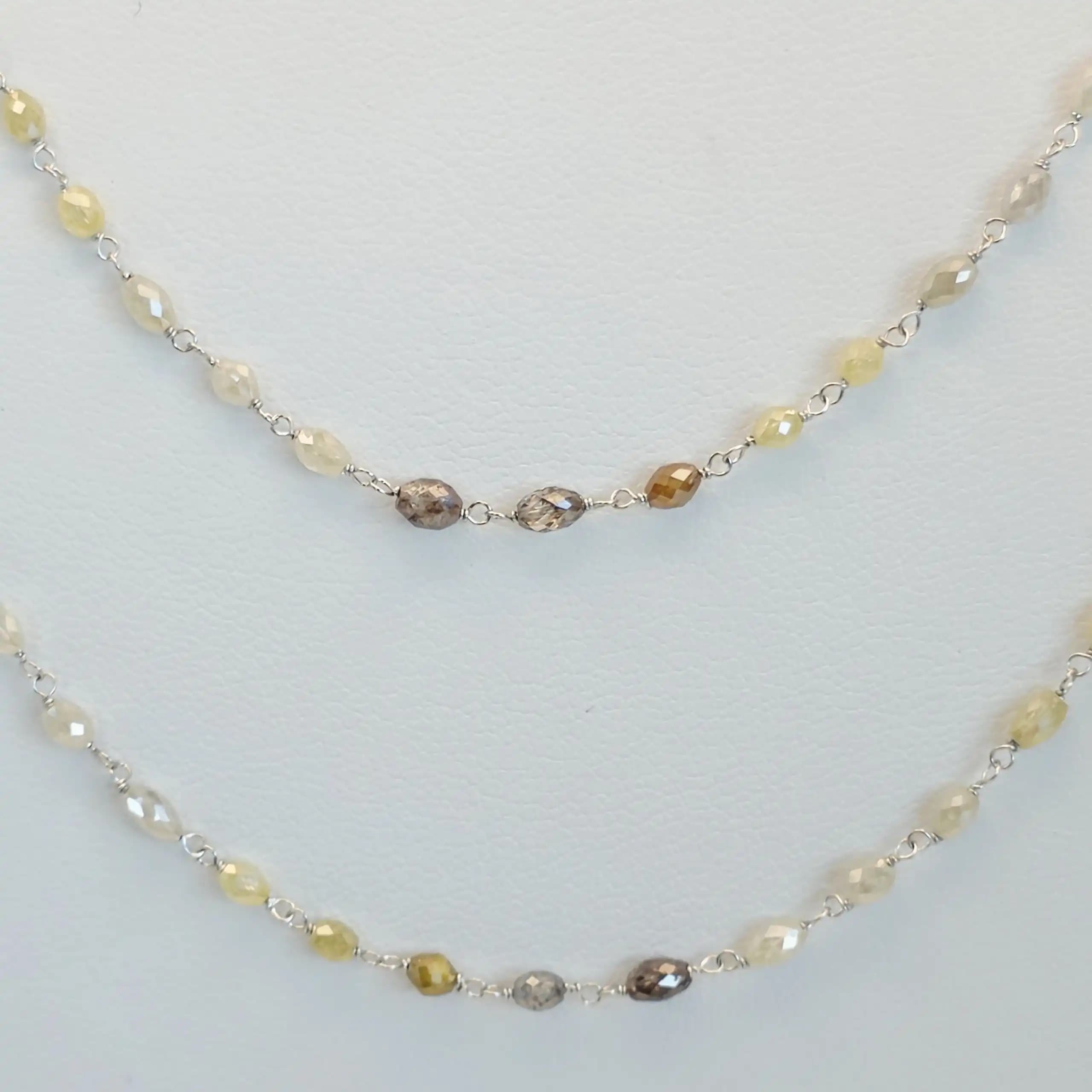 23.10 cts faceted natural fancy colour diamond marquise bead long necklace in 14K white gold