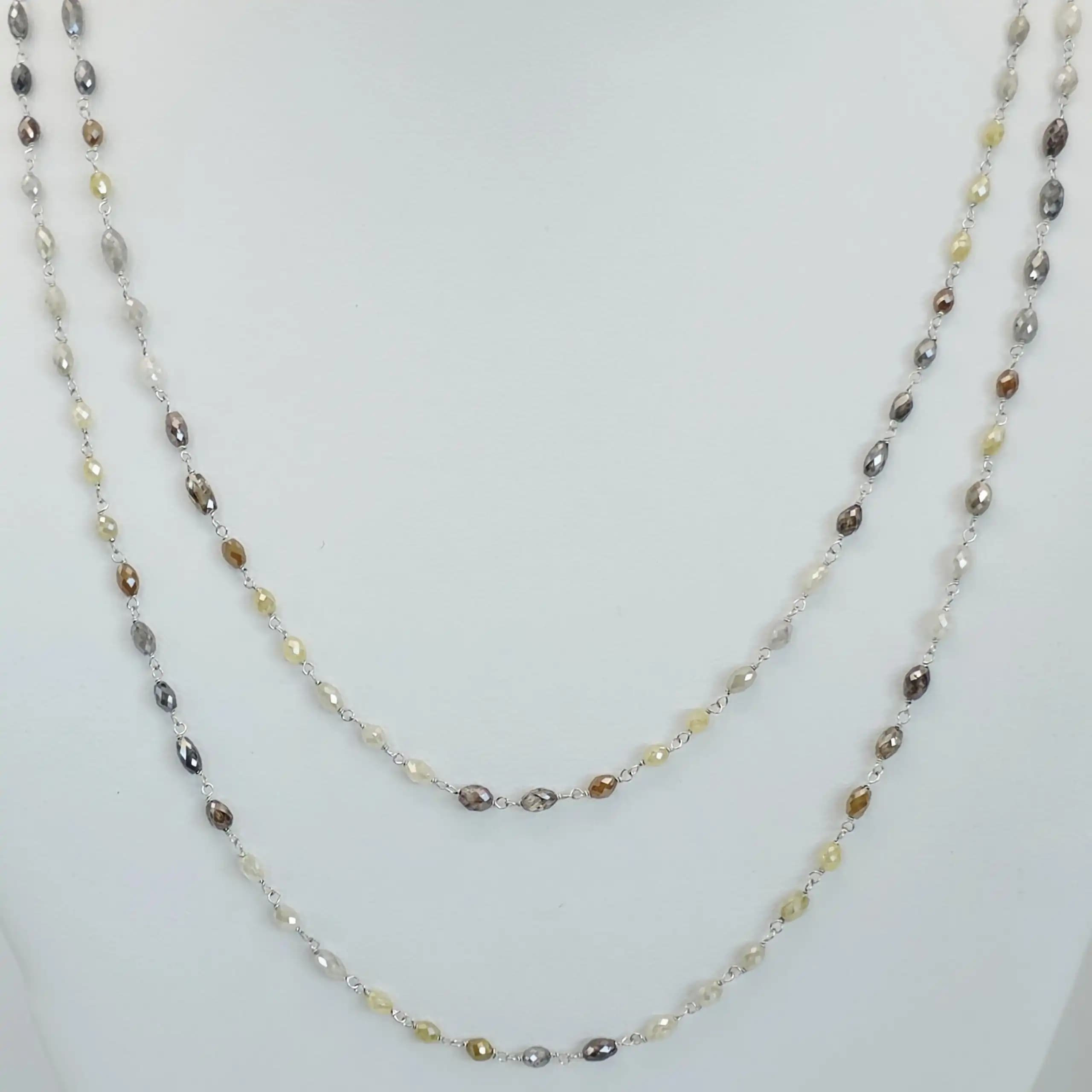 23.10 cts faceted natural fancy colour diamond marquise bead long necklace in 14K white gold