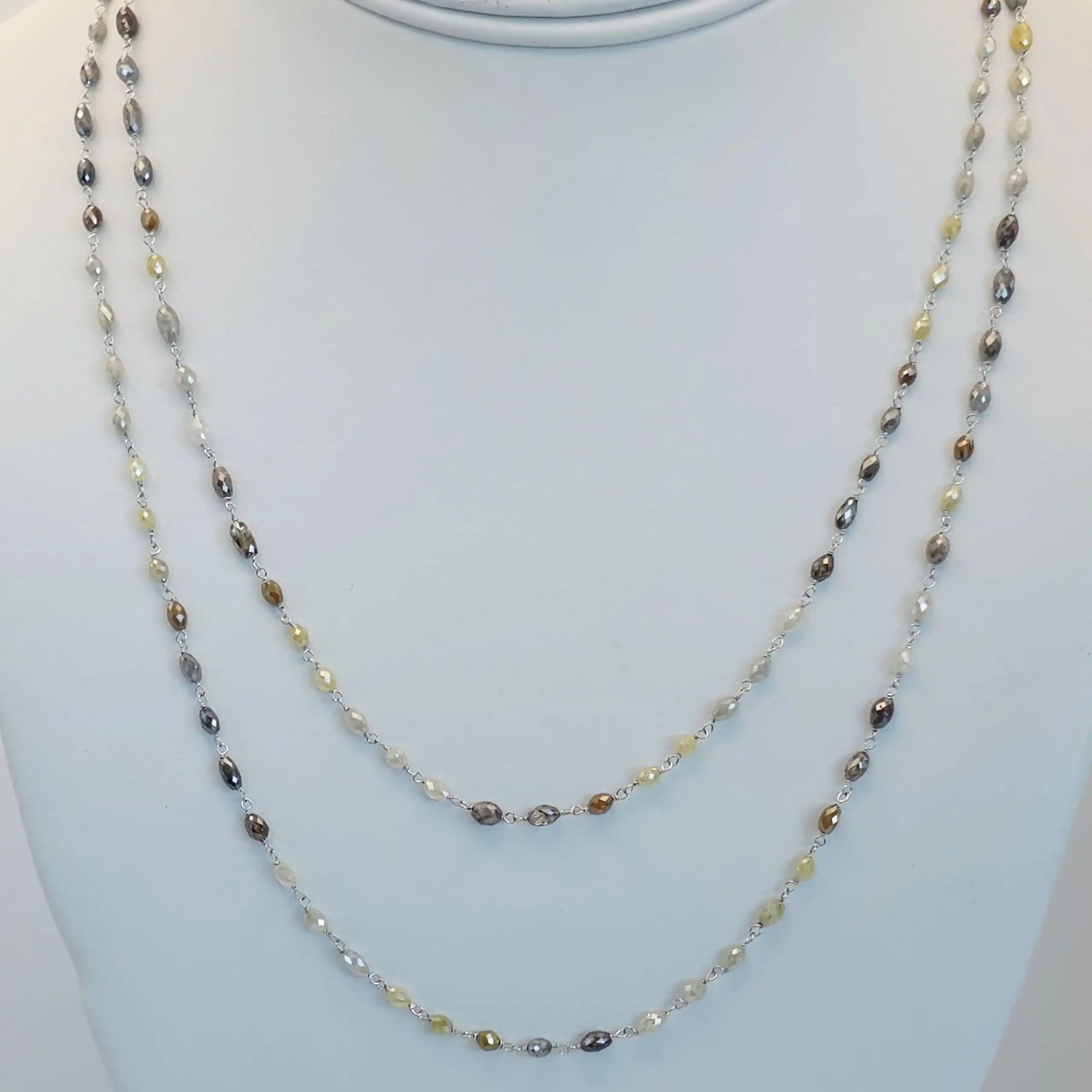 23.10 cts faceted natural fancy colour diamond marquise bead long necklace in 14K white gold
