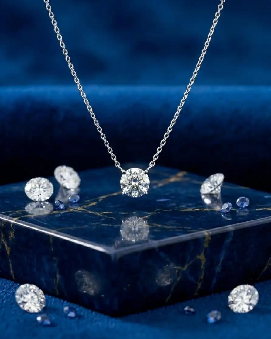 0.51 cts round natural diamond floating solitaire necklace in 14K white gold