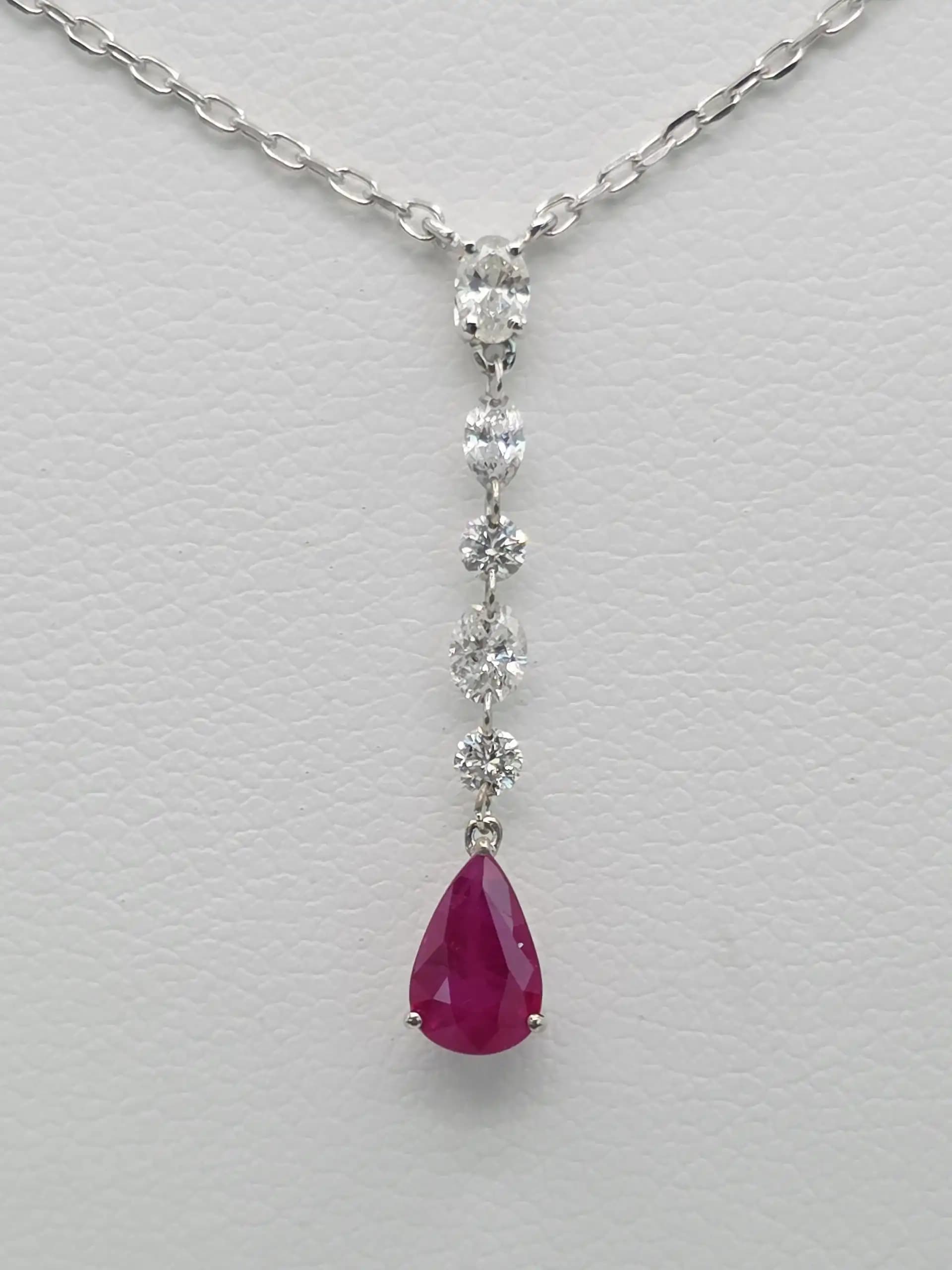 Diamond and Pear Ruby Drop Necklace