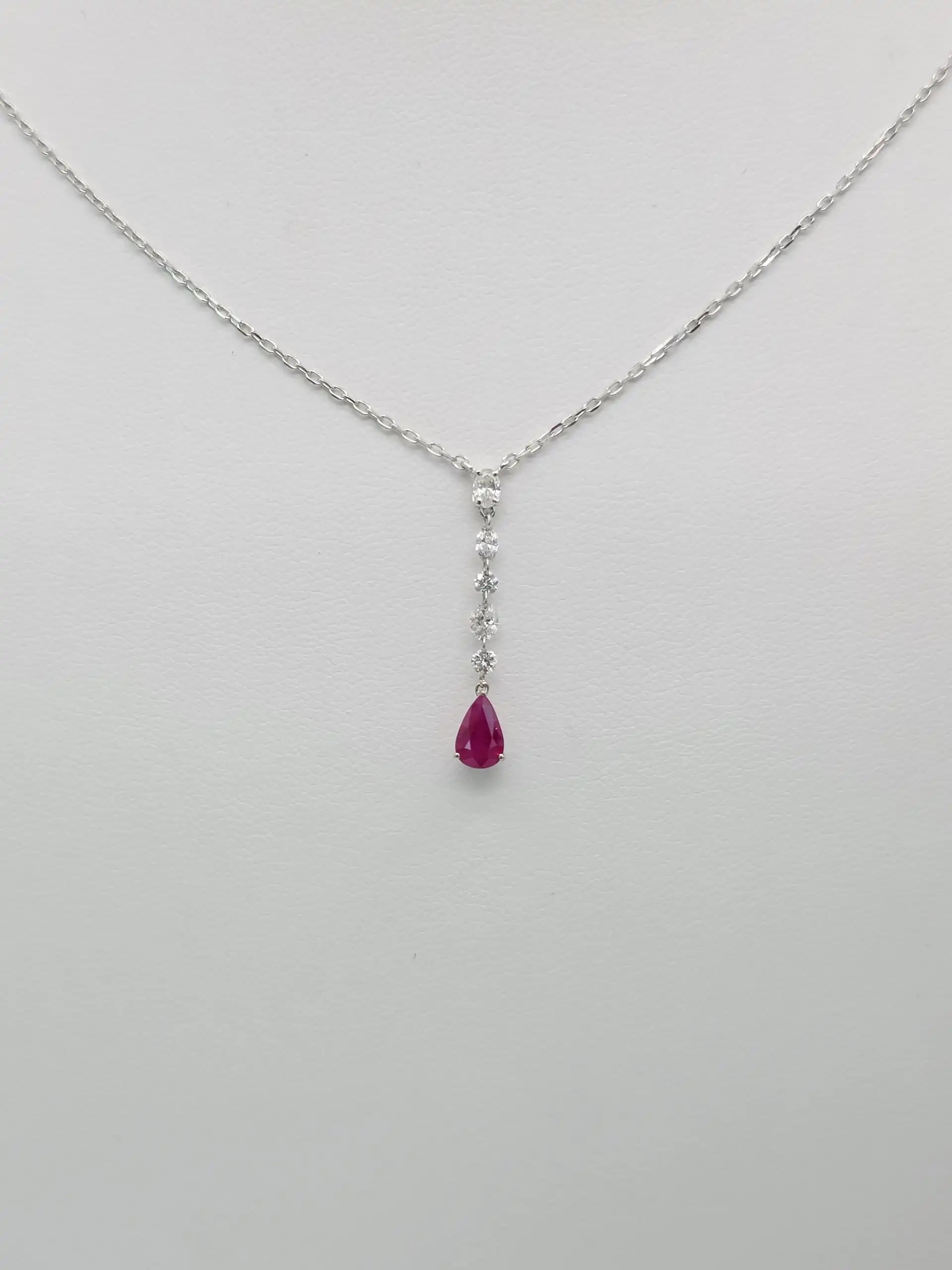 Diamond and Pear Ruby Drop Necklace