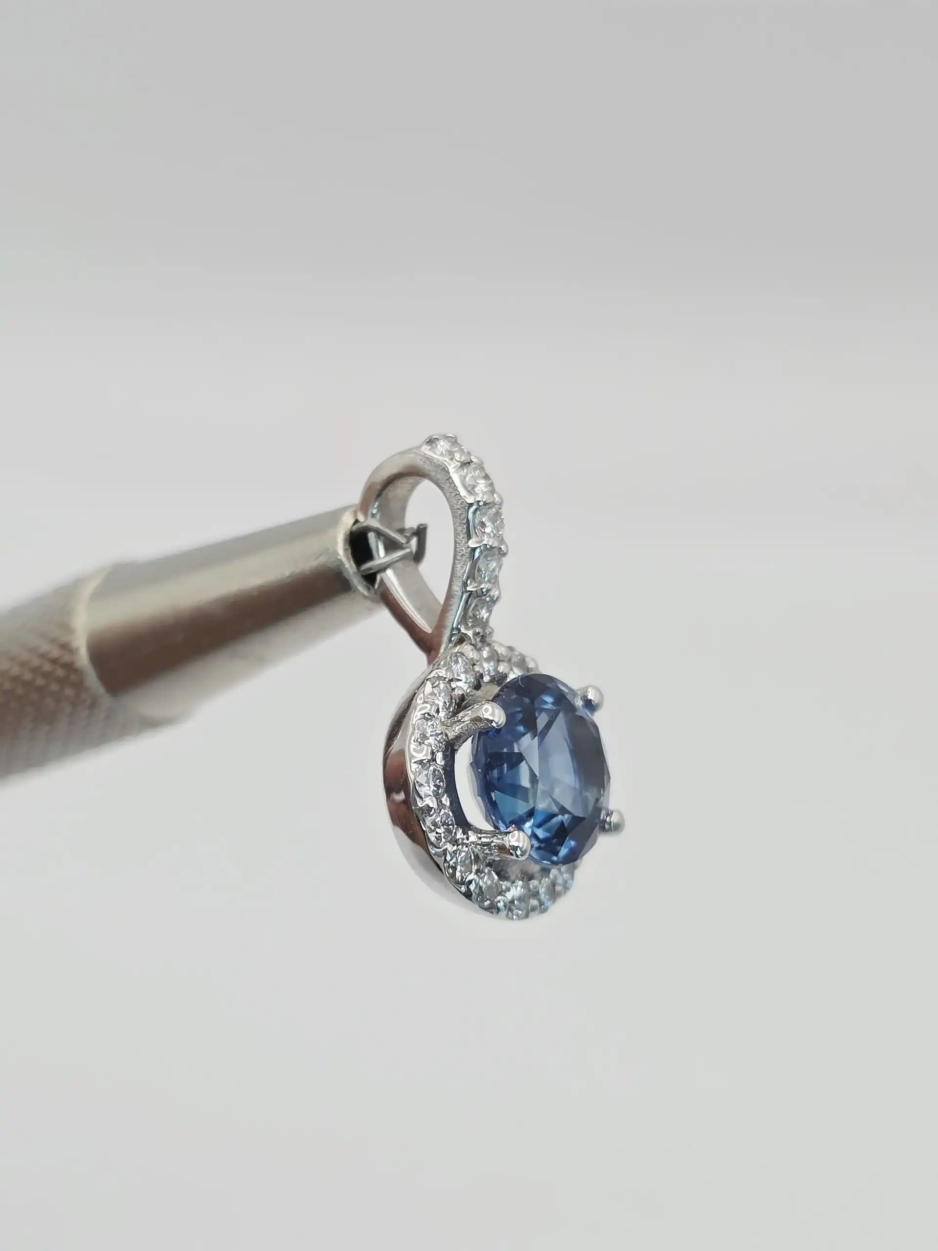 1.96 cts round natural blue sapphire and diamond halo pendant in 14K white gold