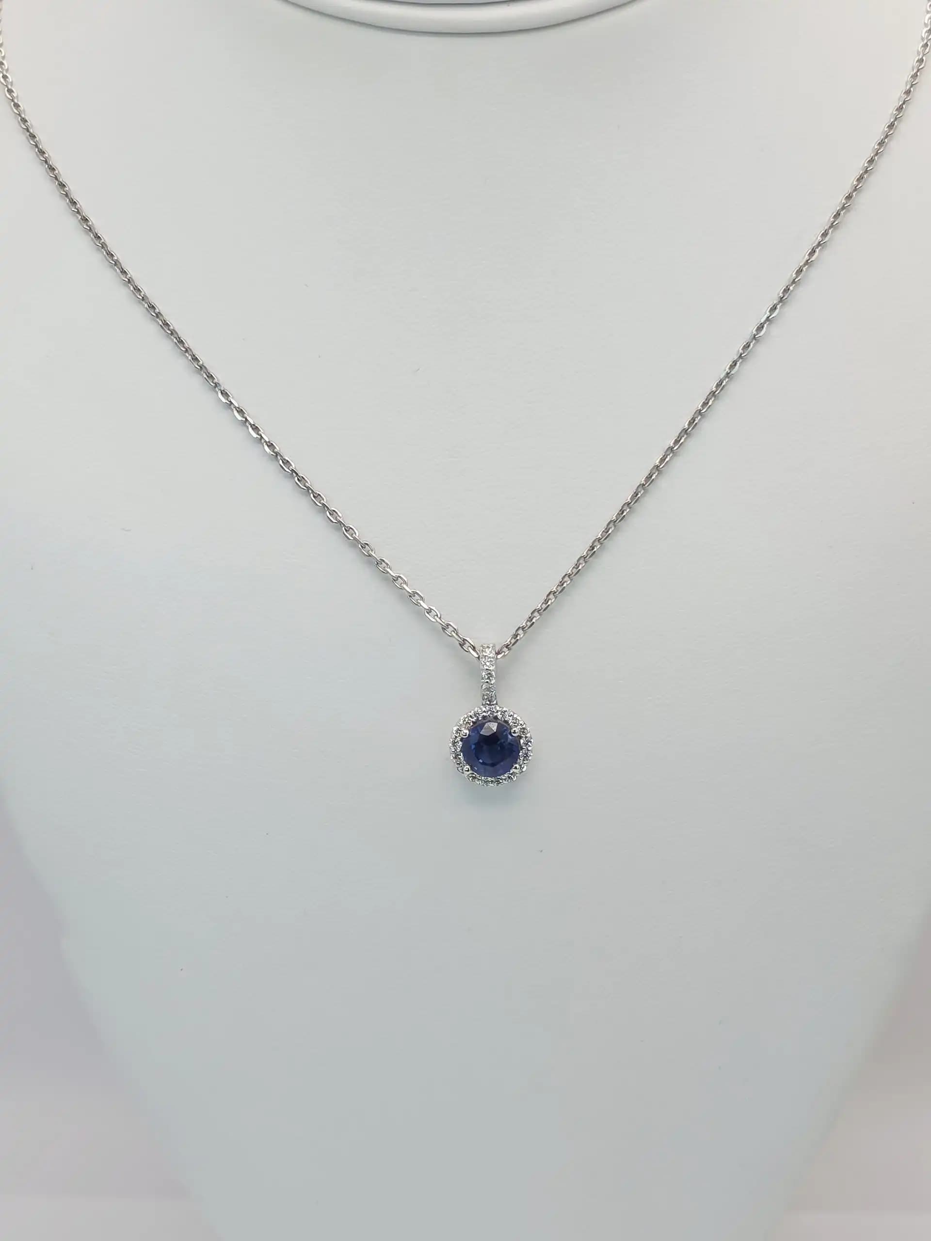 1.96 cts round natural blue sapphire and diamond halo pendant in 14K white gold