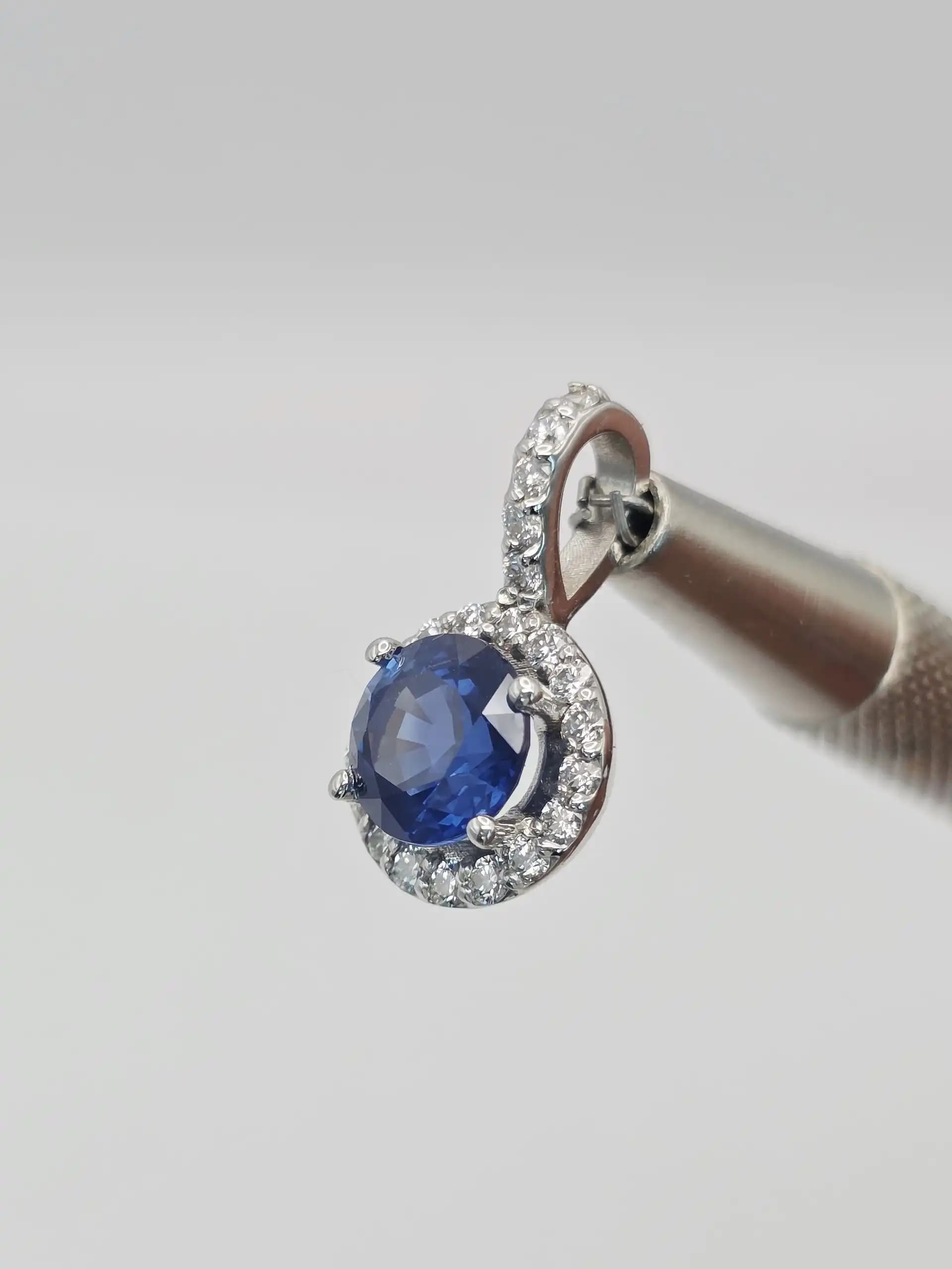 1.96 cts round natural blue sapphire and diamond halo pendant in 14K white gold