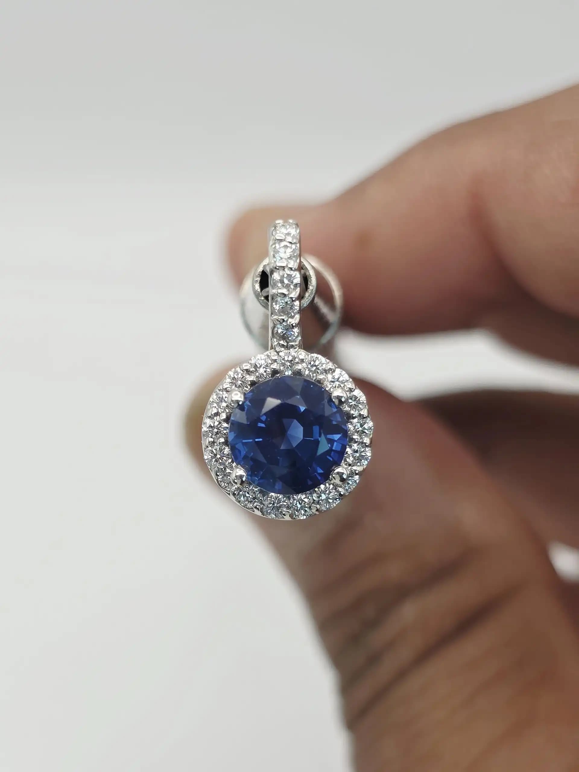 1.96 cts round natural blue sapphire and diamond halo pendant in 14K white gold