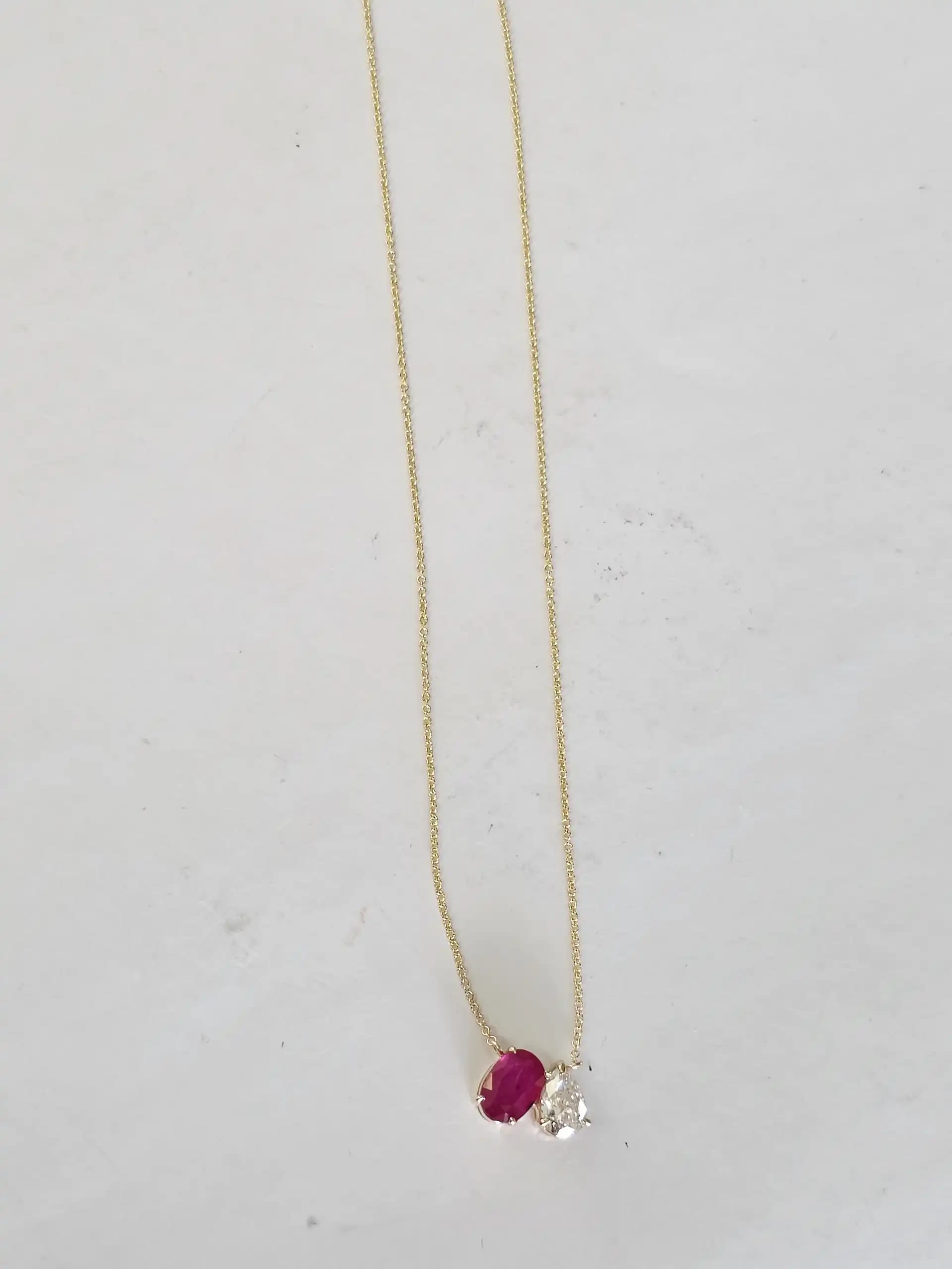 2 Cts Oval shape Natural ruby and 1 cts pear shape natural diamond necklace