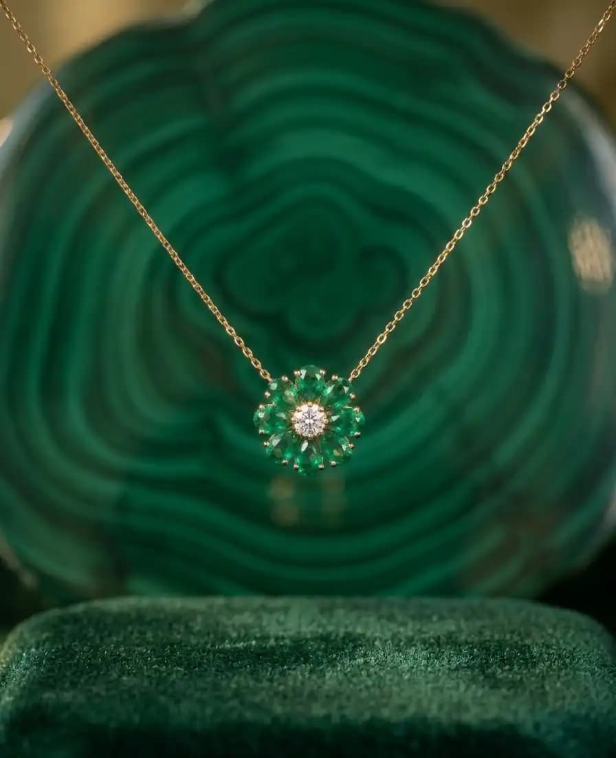 Emerlad and Diamond Flower Pendent Necklace