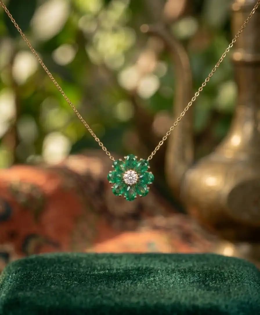 Emerlad and Diamond Flower Pendent Necklace