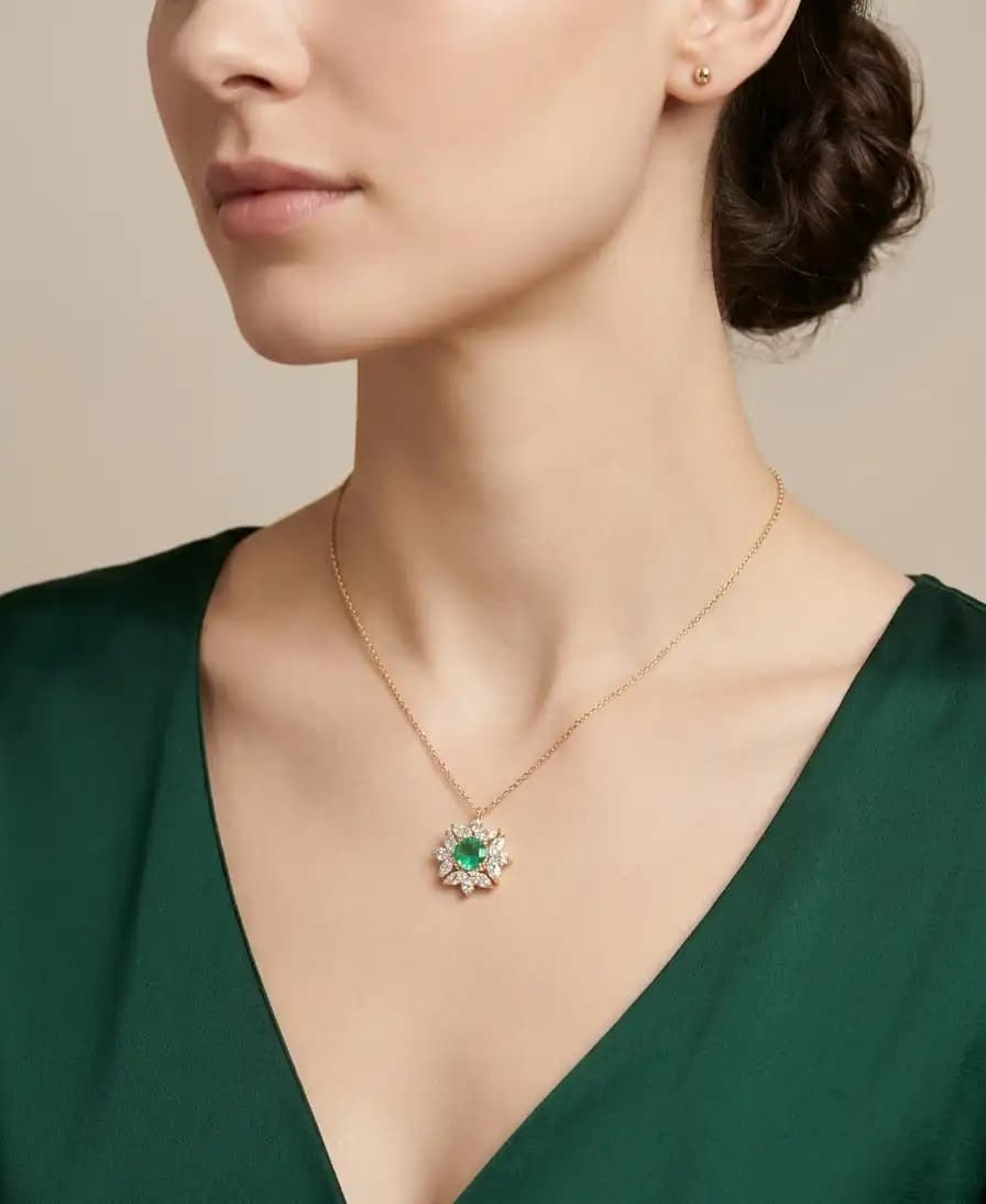 0.50 cts round natural emerald and diamond cluster pendant in 18K yellow gold