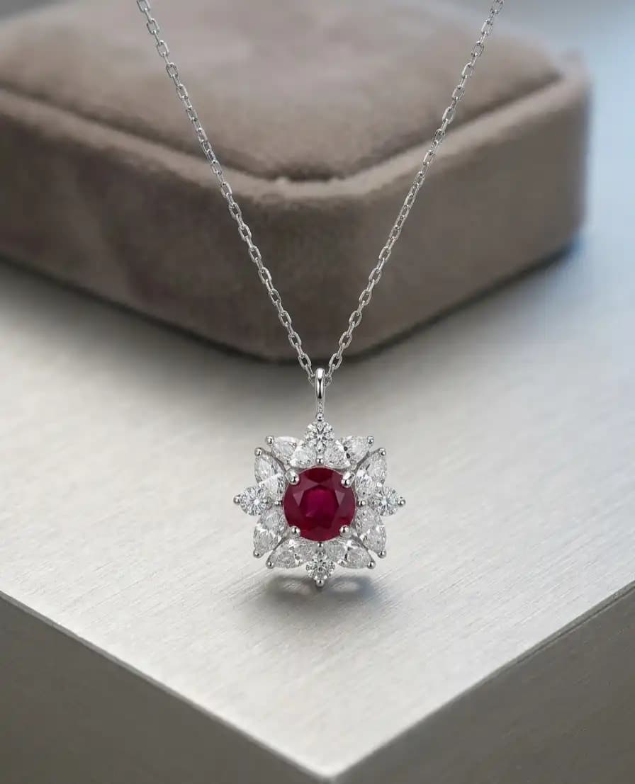 0.58 cts round natural ruby and diamond cluster pendant in 18K white gold