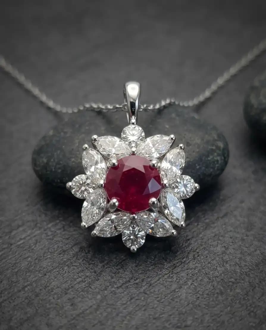 0.58 cts round natural ruby and diamond cluster pendant in 18K white gold