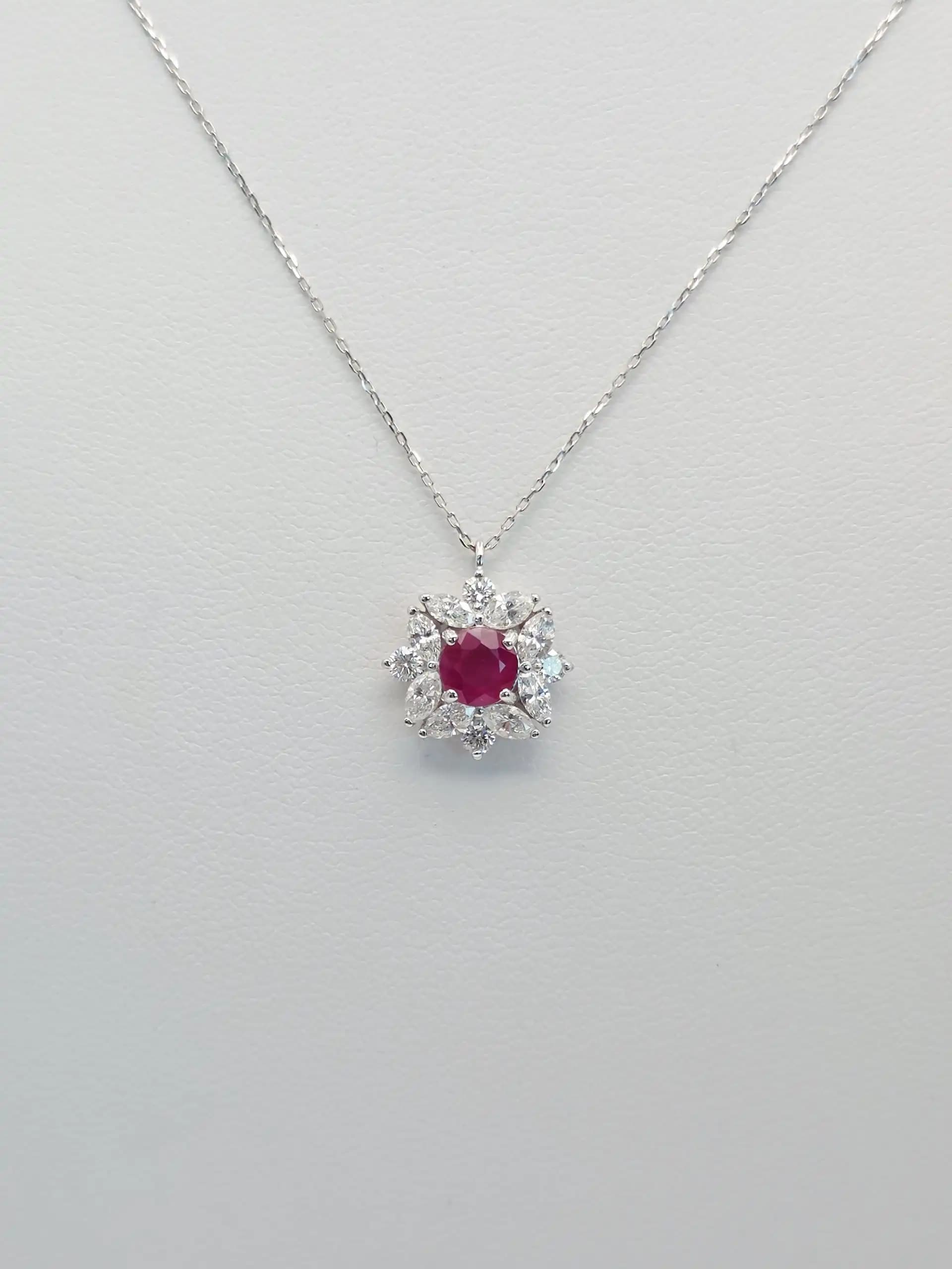 0.58 cts round natural ruby and diamond cluster pendant in 18K white gold