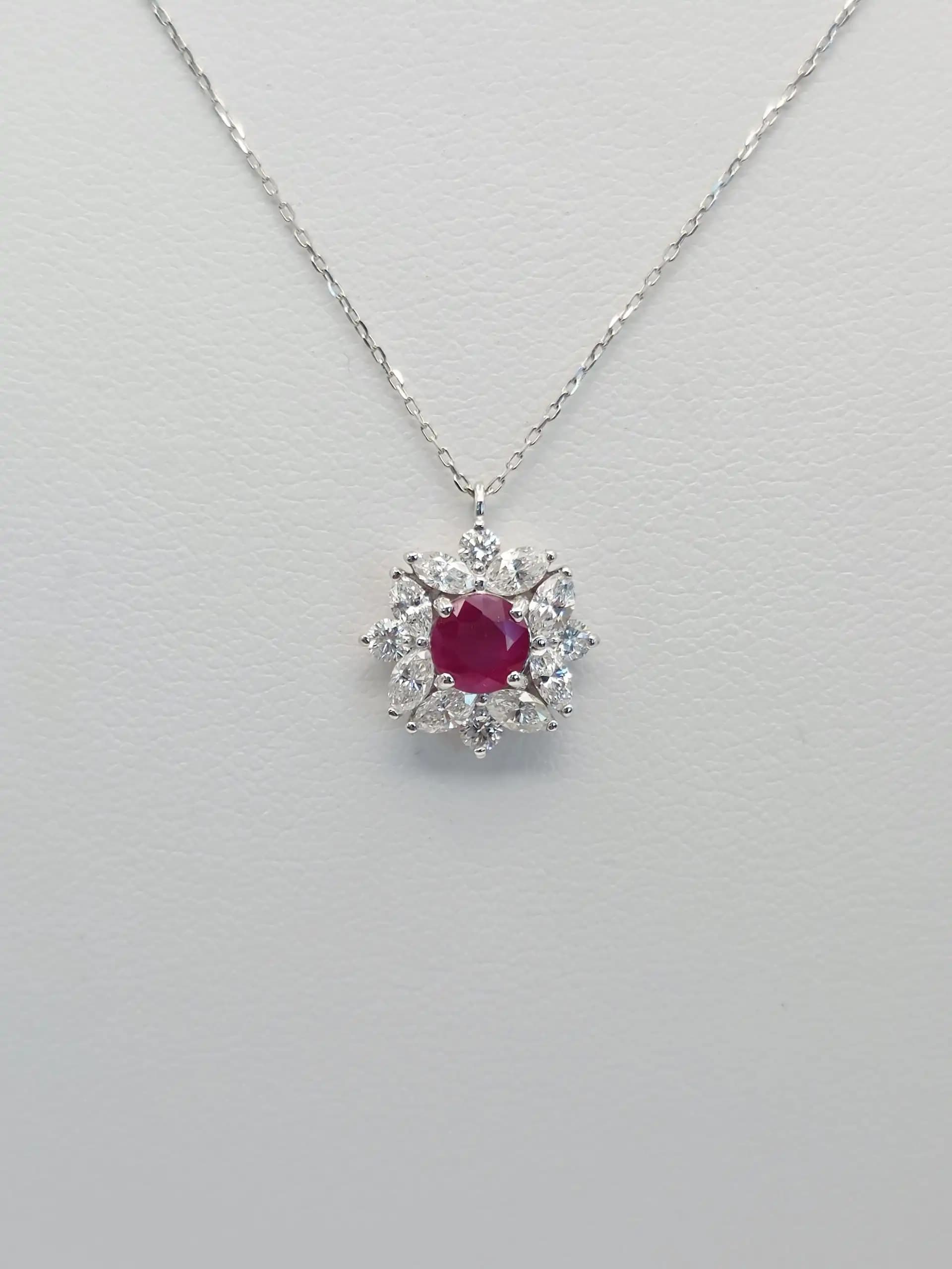 0.58 cts round natural ruby and diamond cluster pendant in 18K white gold