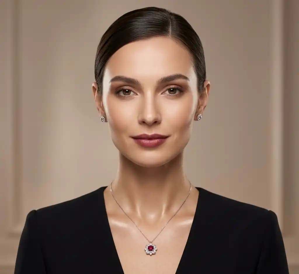 0.58 cts round natural ruby and diamond cluster pendant in 18K white gold