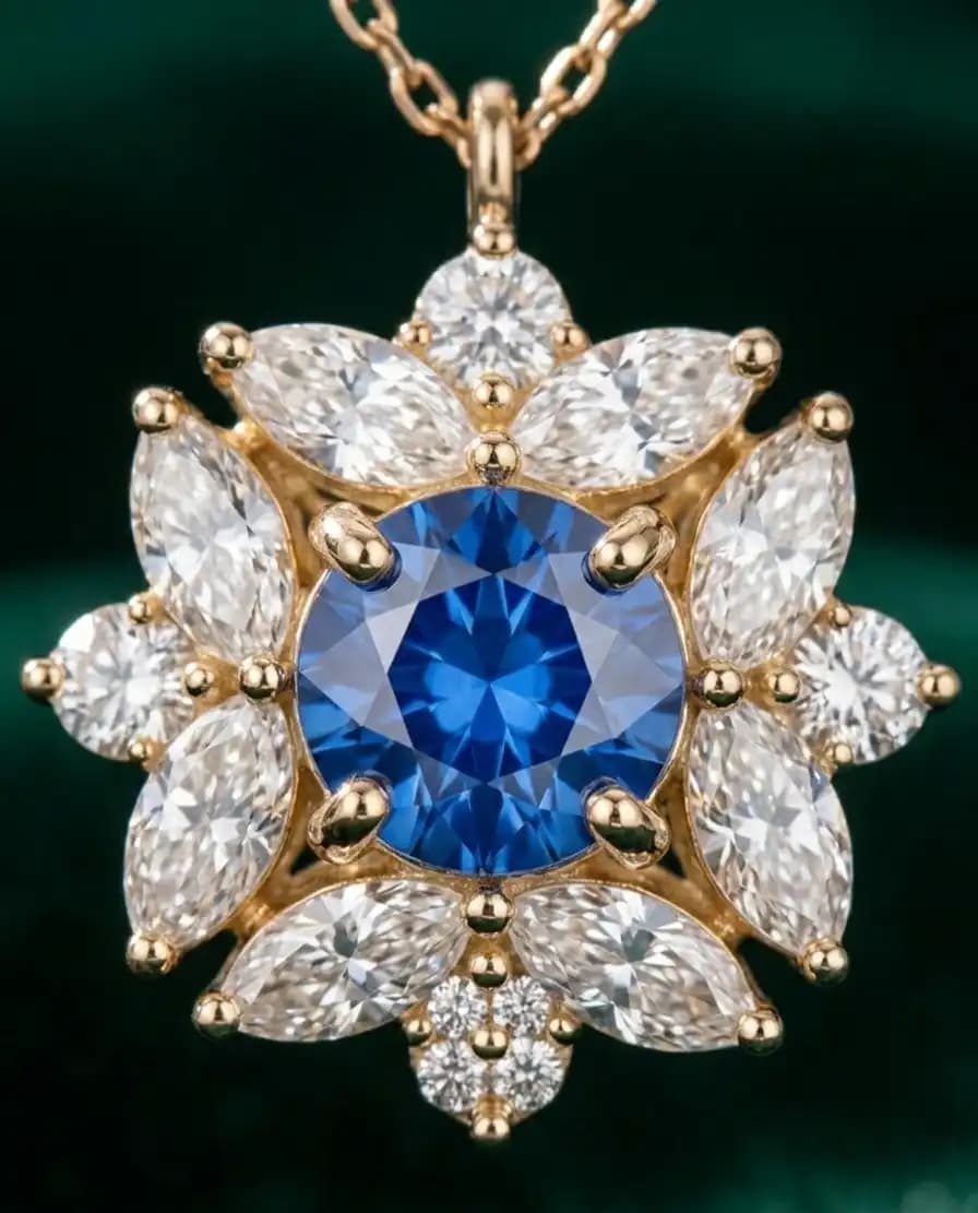 0.63 cts round natural blue sapphire and diamond cluster pendant in 18K yellow gold