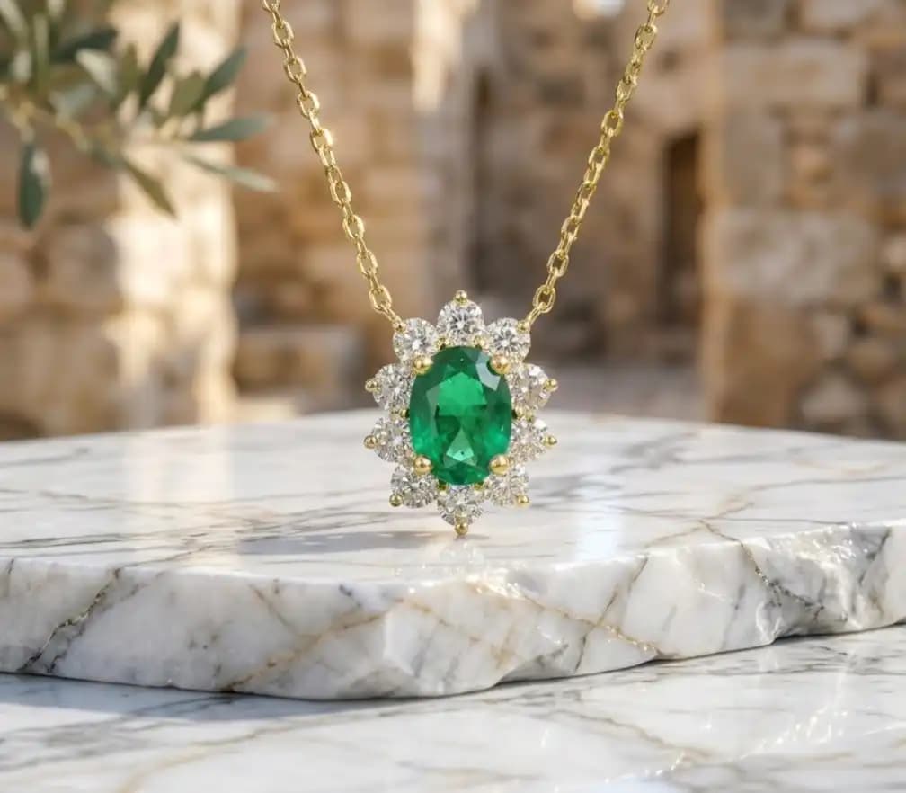0.40 cts oval natural emerald and diamond halo pendant in 18K yellow gold