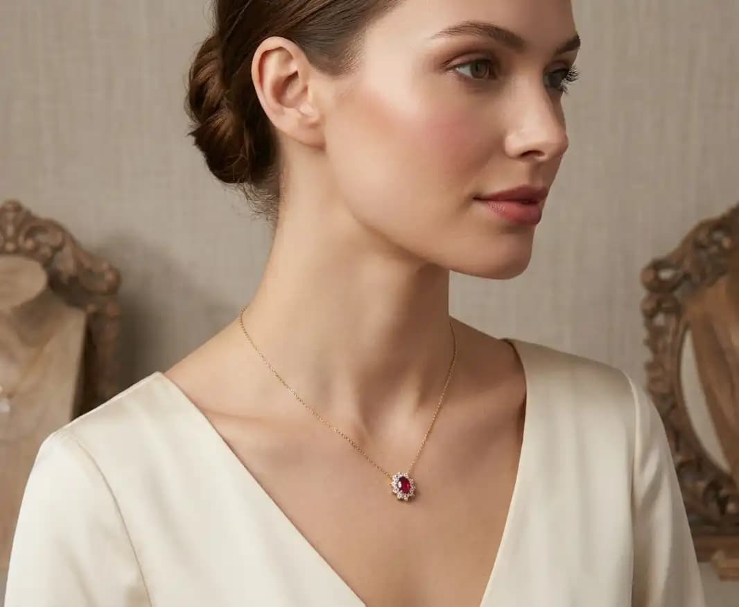 0.60 cts oval natural ruby and diamond halo pendant in 18K yellow gold