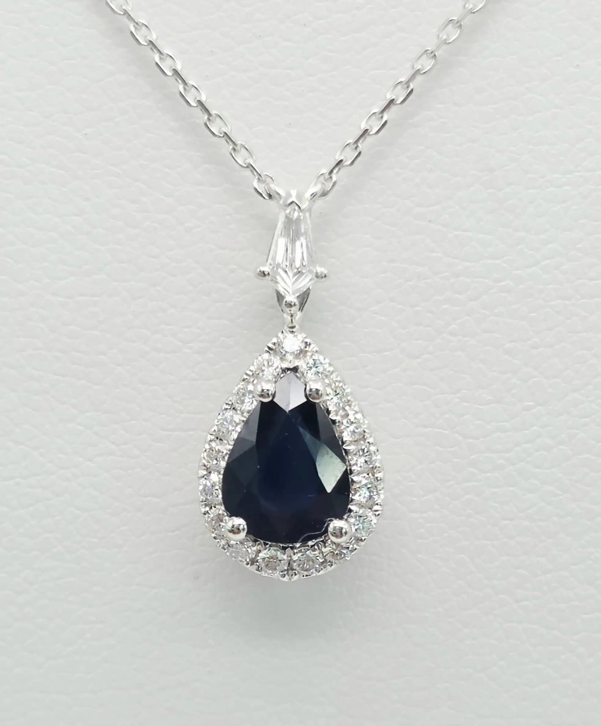 0.98 cts pear shape natural blue sapphire halo pendant necklace in 18K white gold