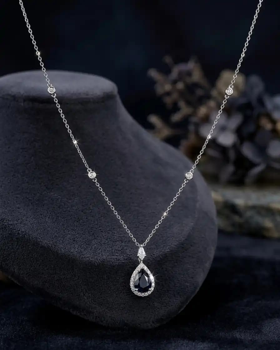 0.98 cts pear shape natural blue sapphire halo pendant necklace in 18K white gold