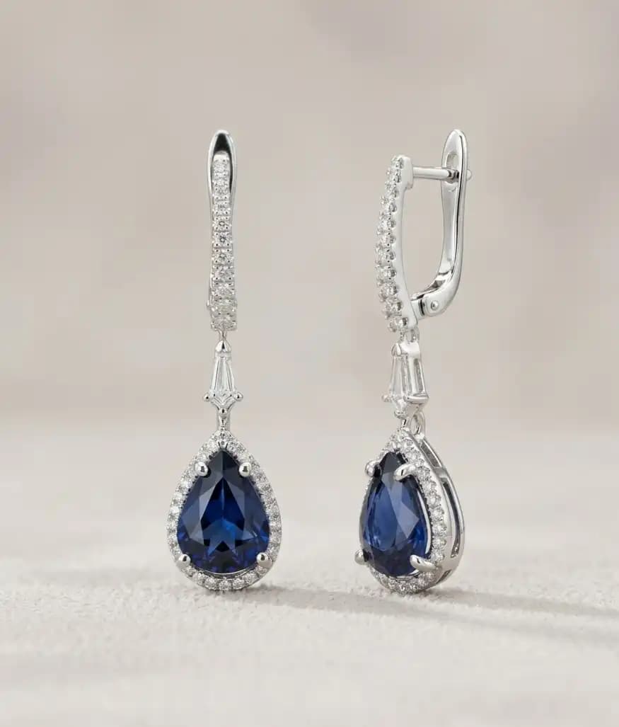 0.98 cts pear shape natural blue sapphire halo pendant necklace in 18K white gold