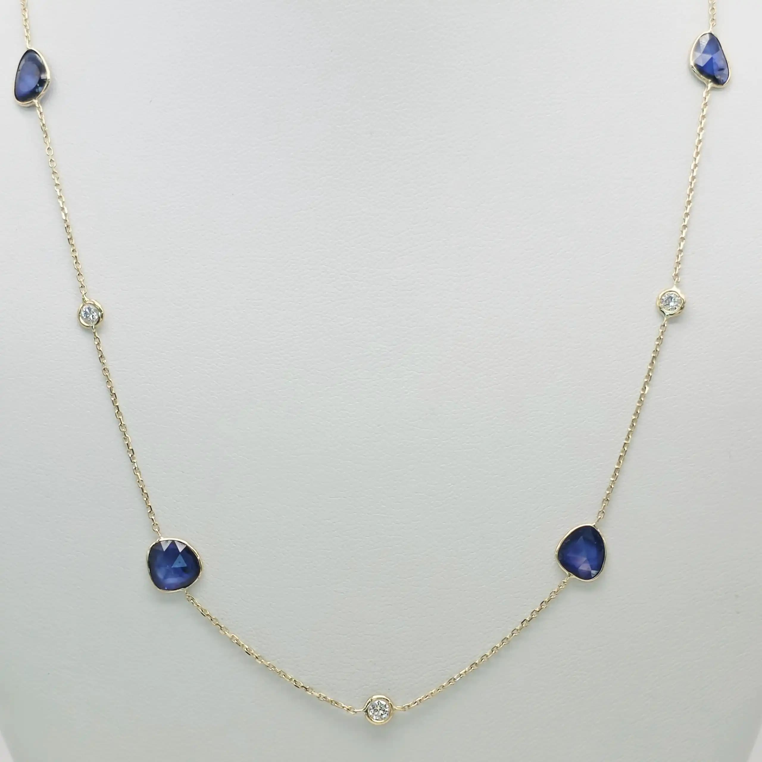 4.09 cts natural blue sapphire slice station necklace in 14K yellow gold
