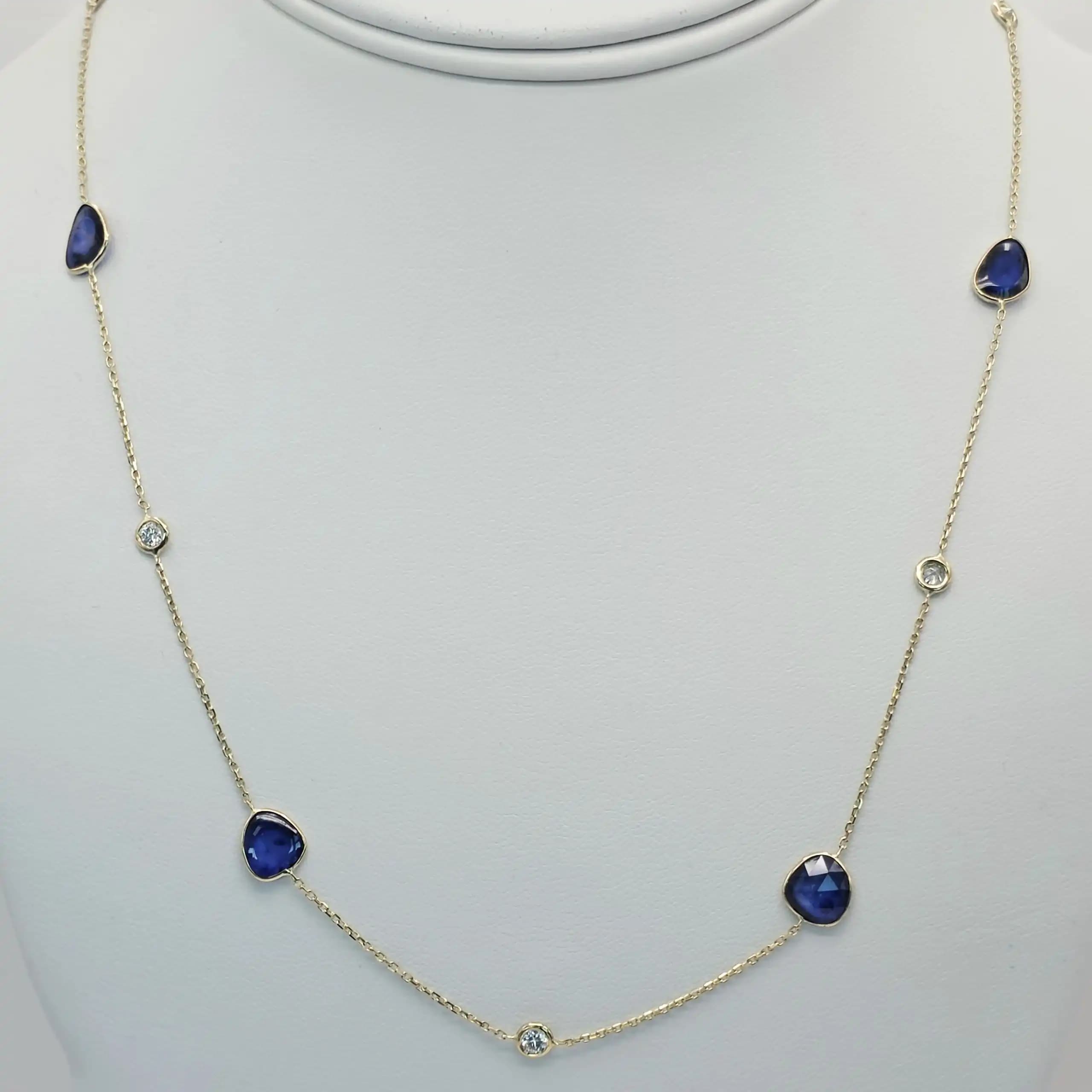 4.09 cts natural blue sapphire slice station necklace in 14K yellow gold