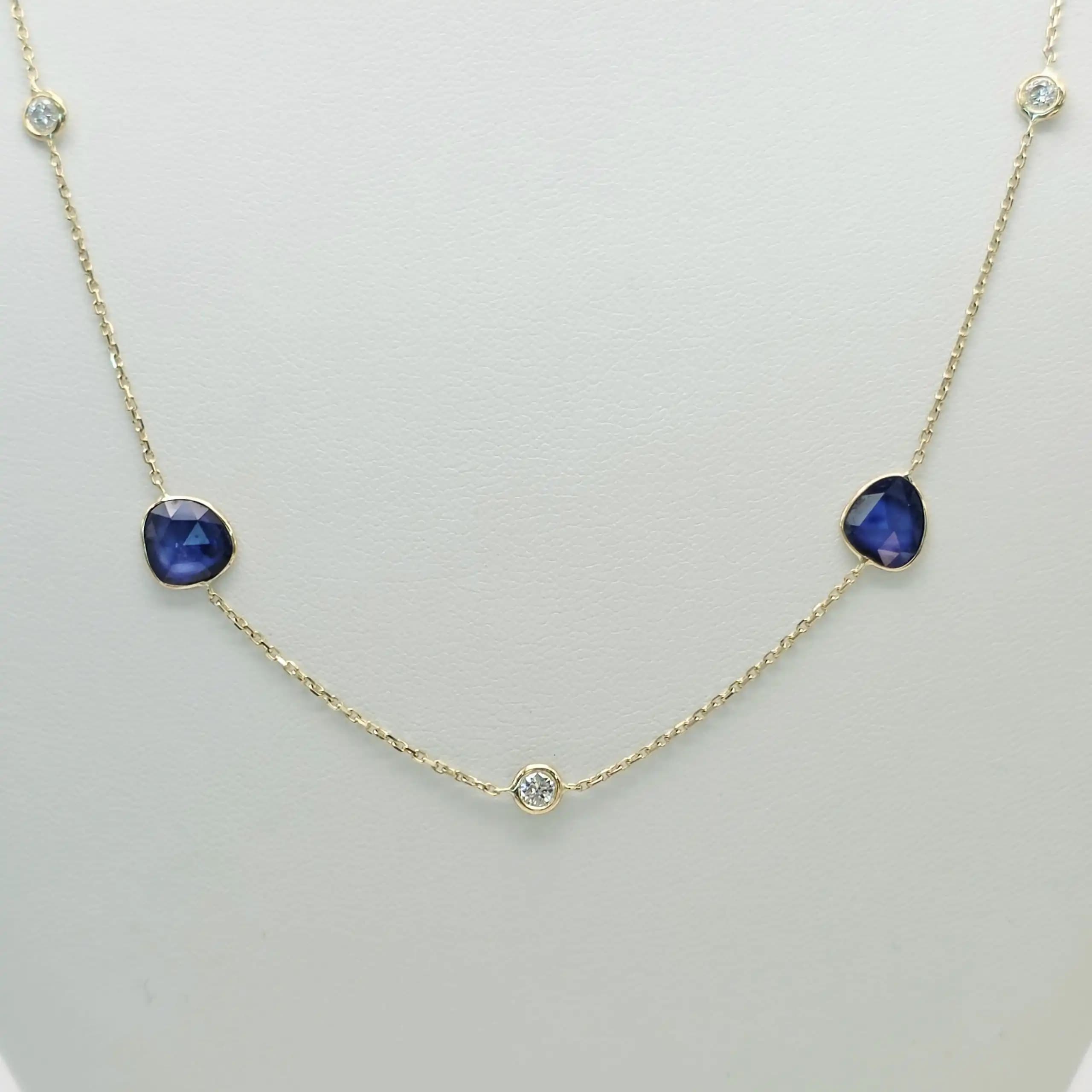 4.09 cts natural blue sapphire slice station necklace in 14K yellow gold