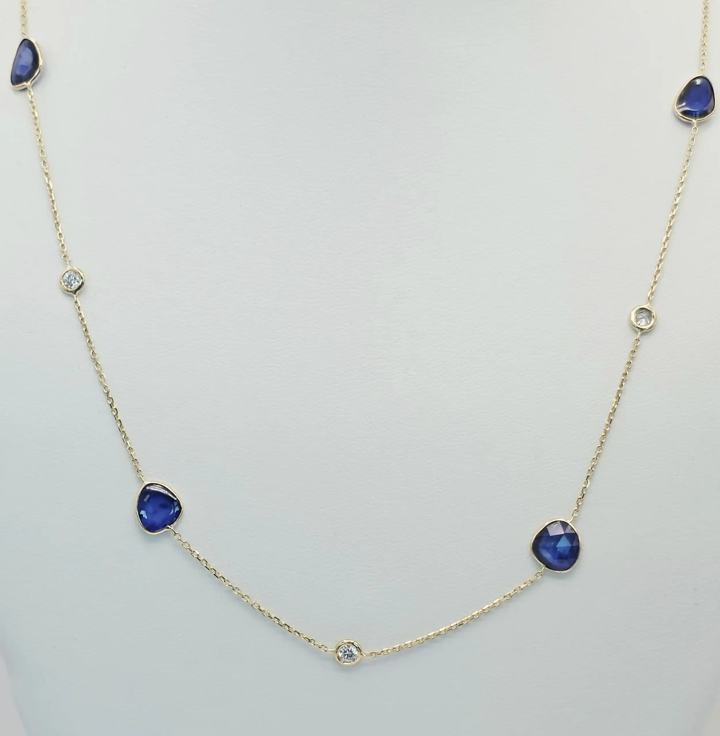 4.09 cts natural blue sapphire slice station necklace in 14K yellow gold