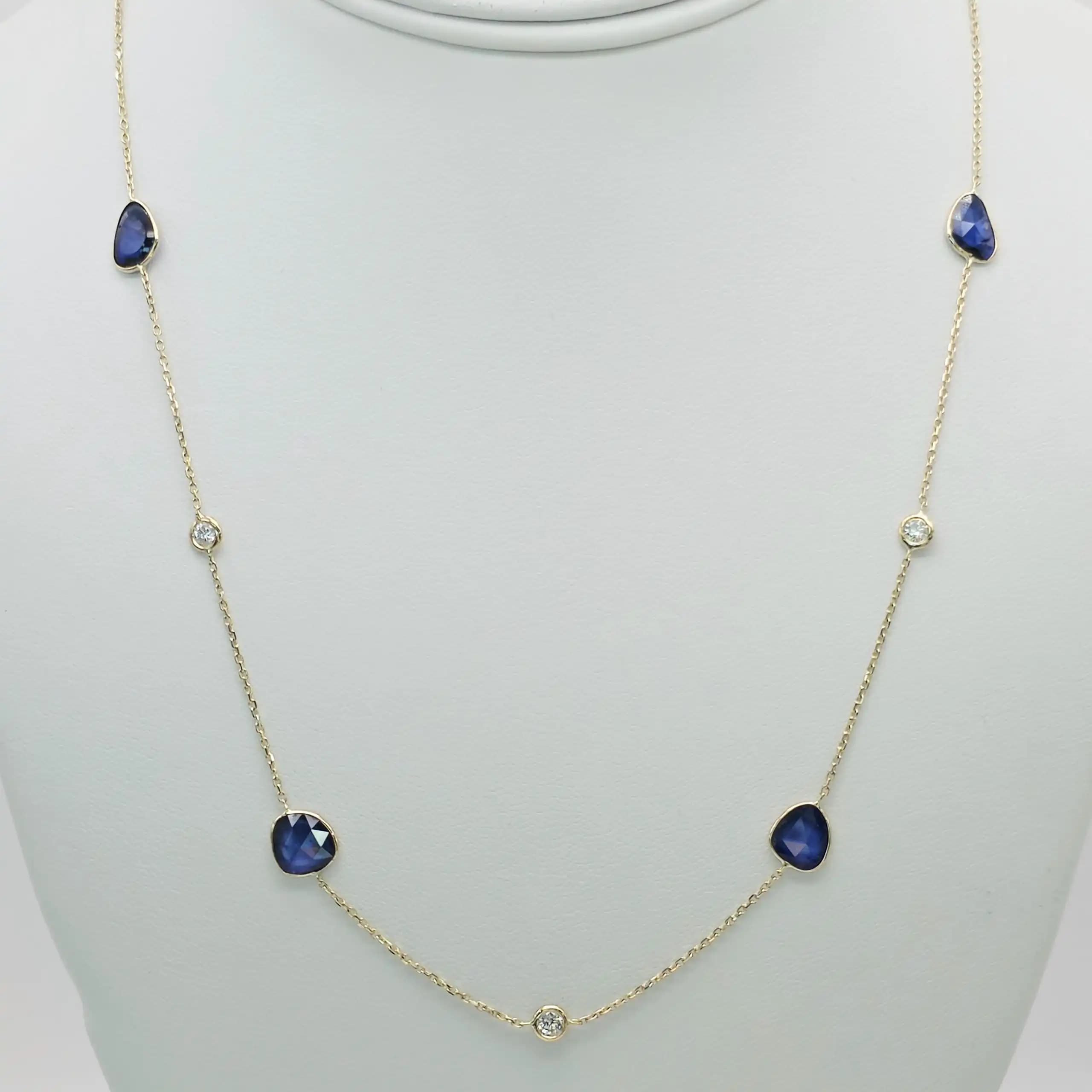 4.09 cts natural blue sapphire slice station necklace in 14K yellow gold