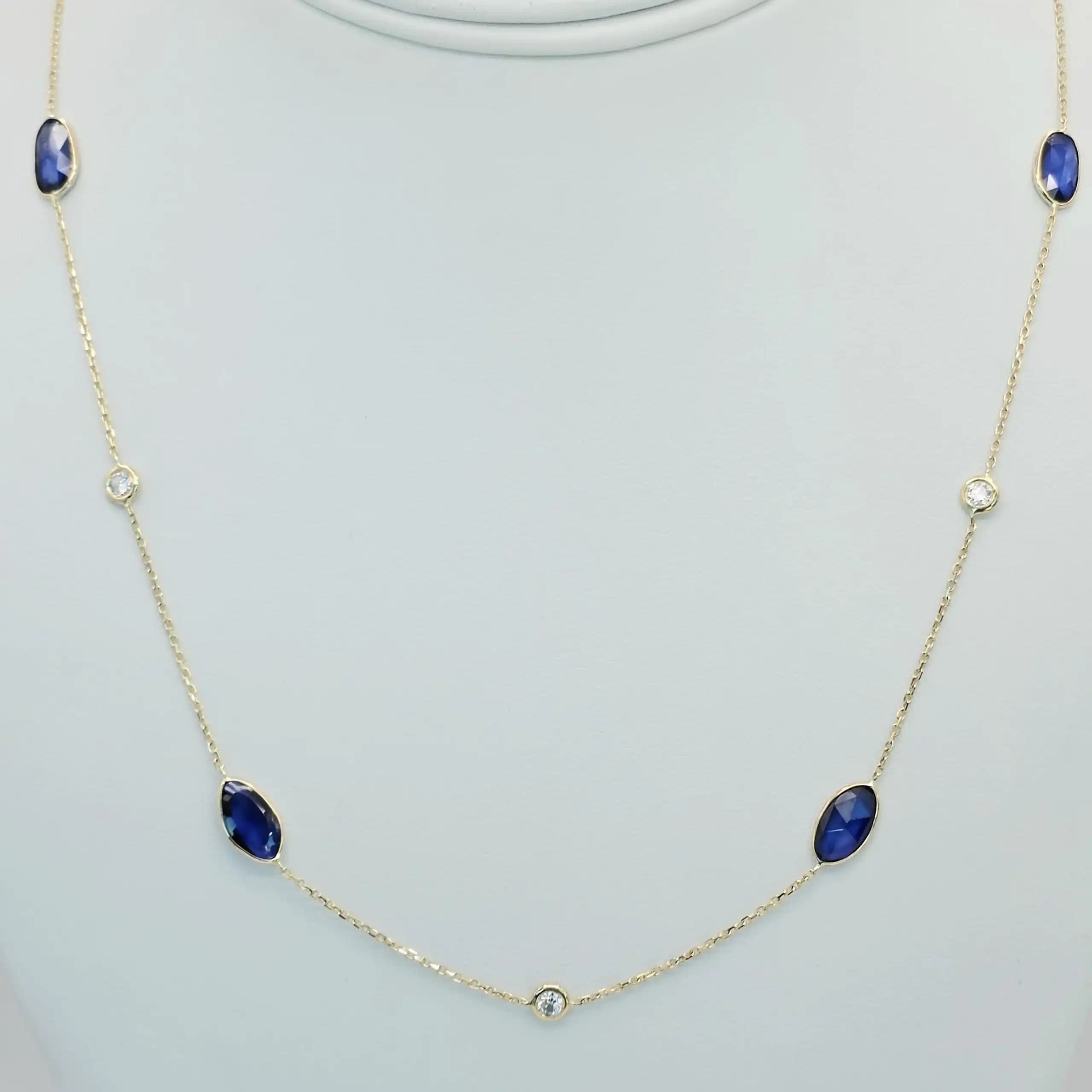 4.10 cts natural blue sapphire slice station necklace in 14K yellow gold