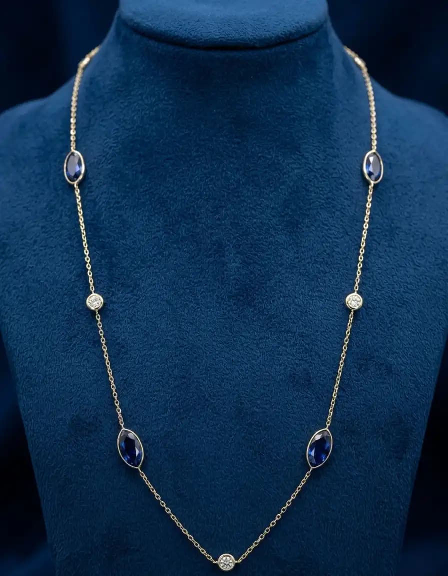4.10 cts natural blue sapphire slice station necklace in 14K yellow gold