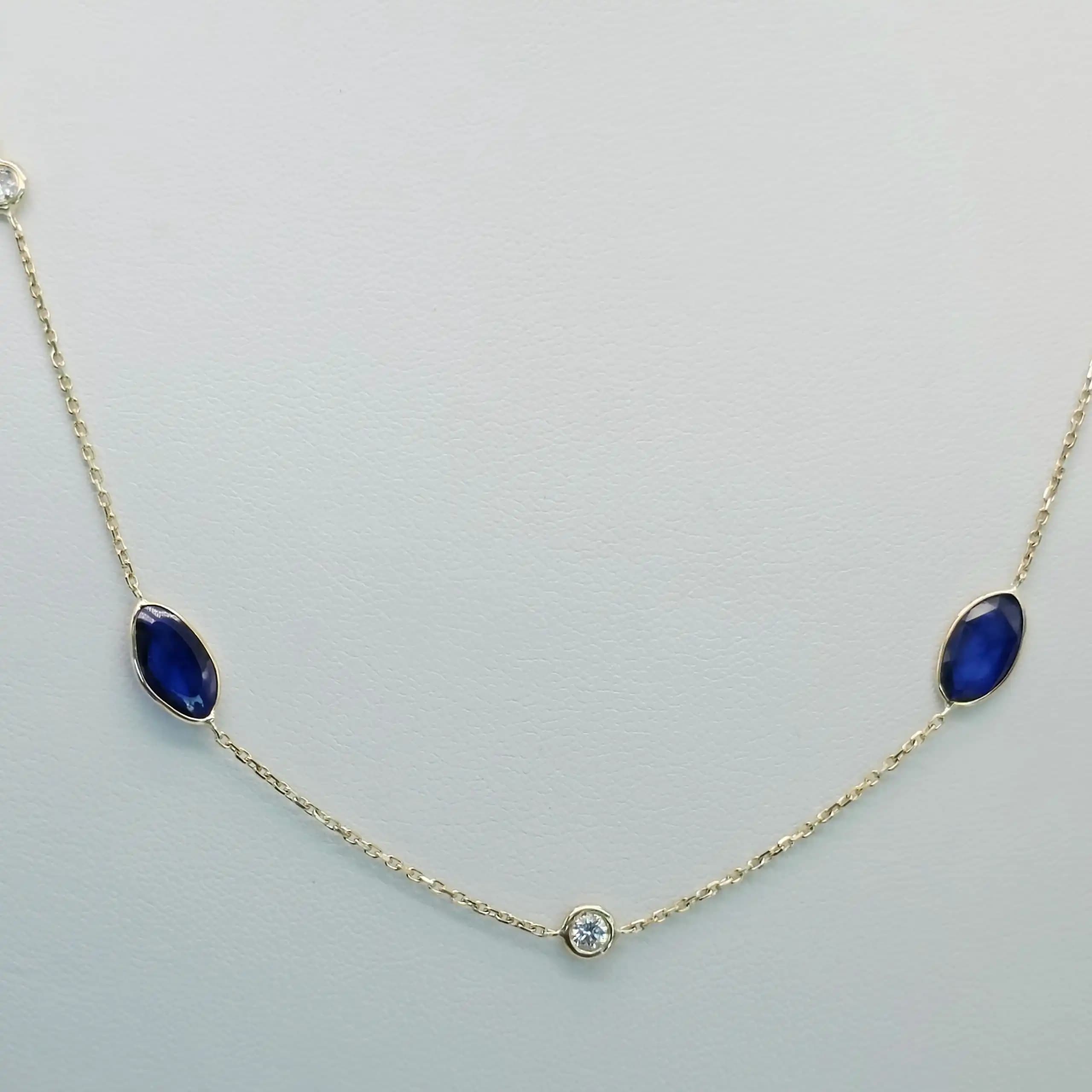 4.10 cts natural blue sapphire slice station necklace in 14K yellow gold