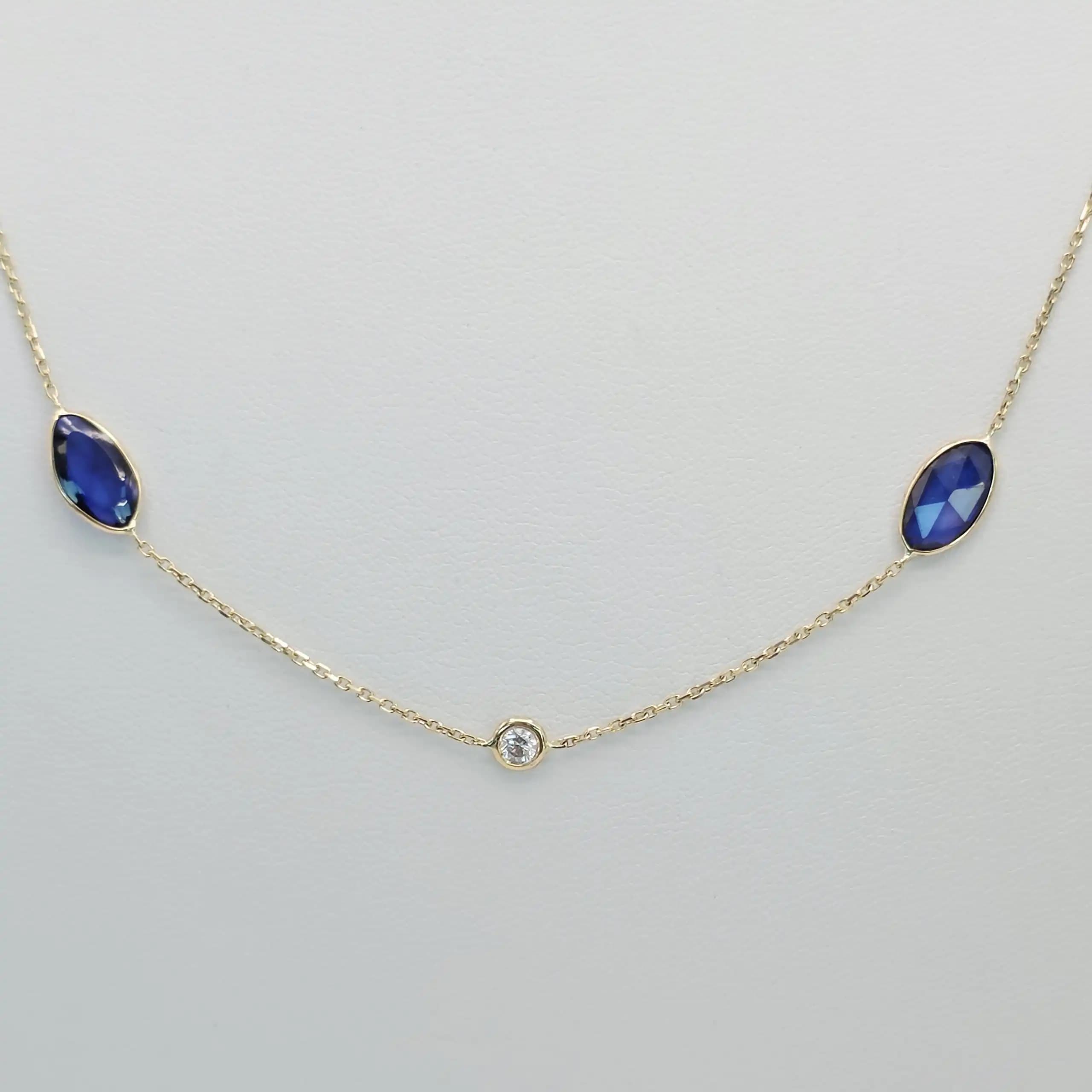 4.10 cts natural blue sapphire slice station necklace in 14K yellow gold