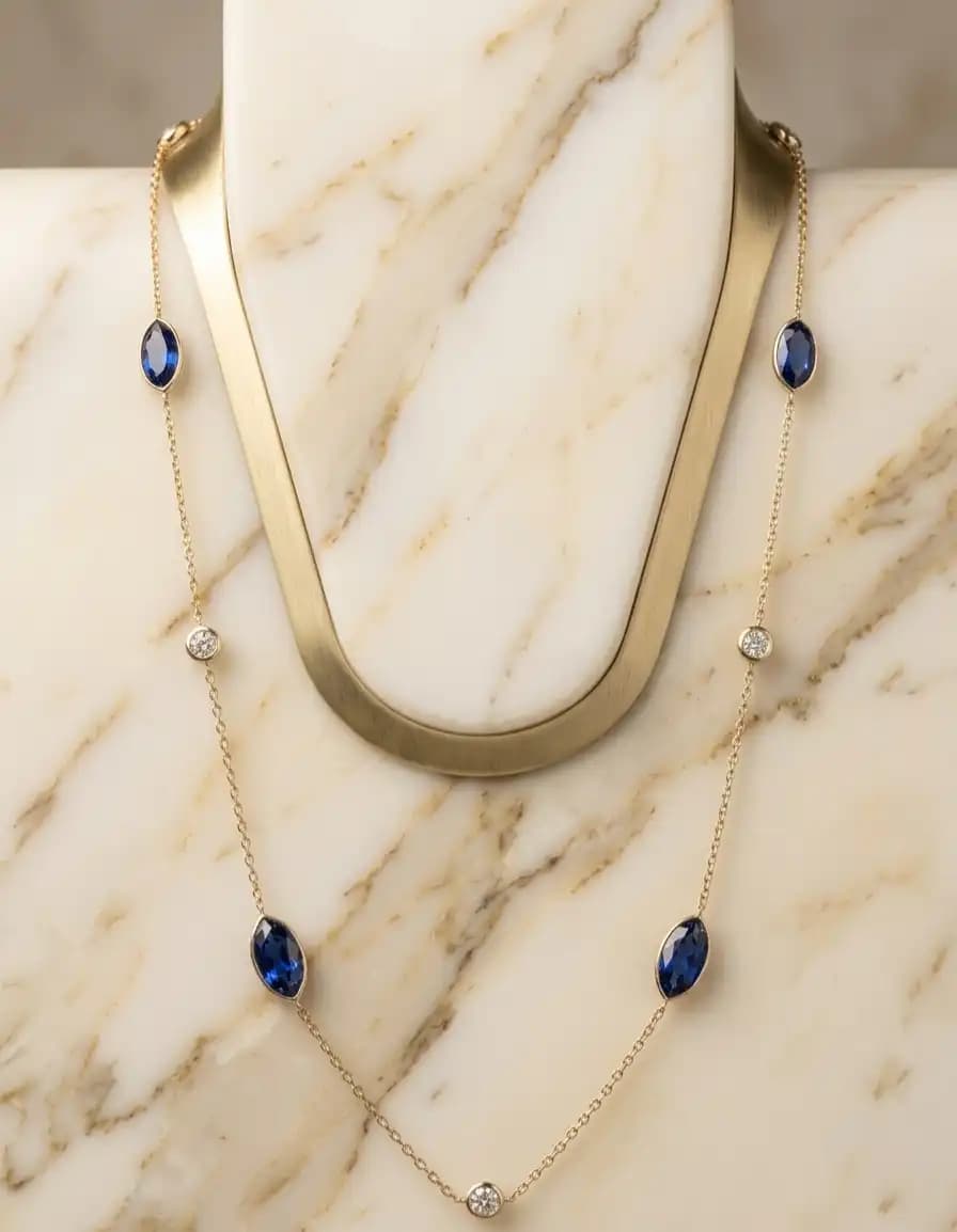 4.10 cts natural blue sapphire slice station necklace in 14K yellow gold