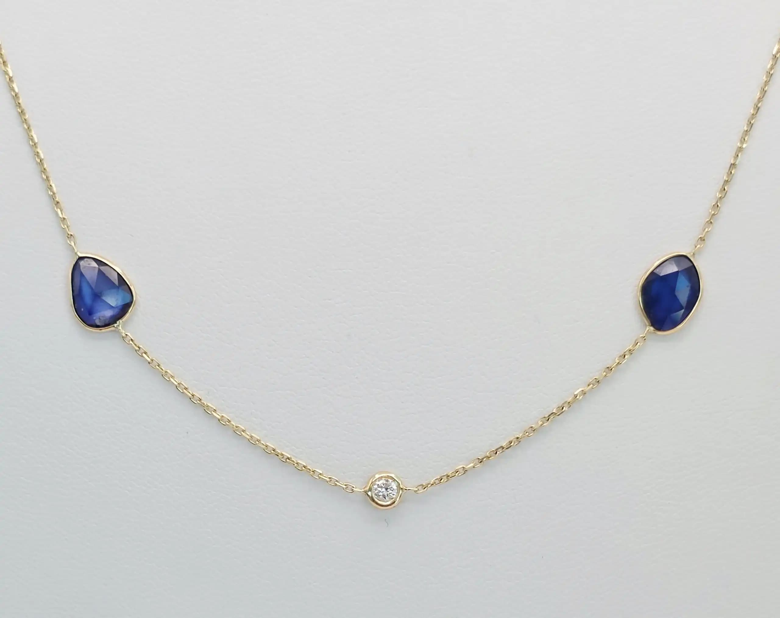Natural blue sapphire slice station necklace in 14K yellow gold